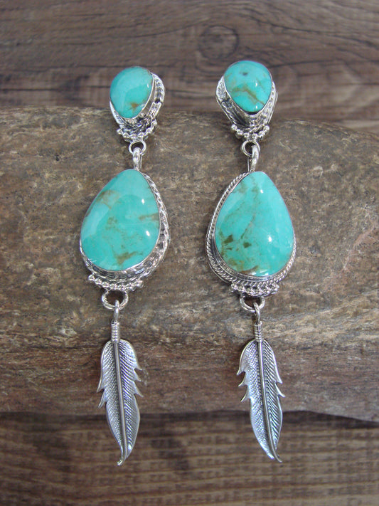 Native American Sterling Silver & Turquoise Post Feather Dangle Earrings by Smith
