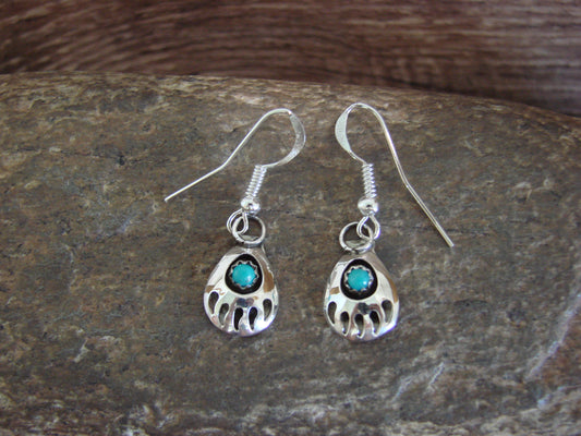 Native American Sterling Silver & Turquoise Bear Paw Dangle Earrings - Parker