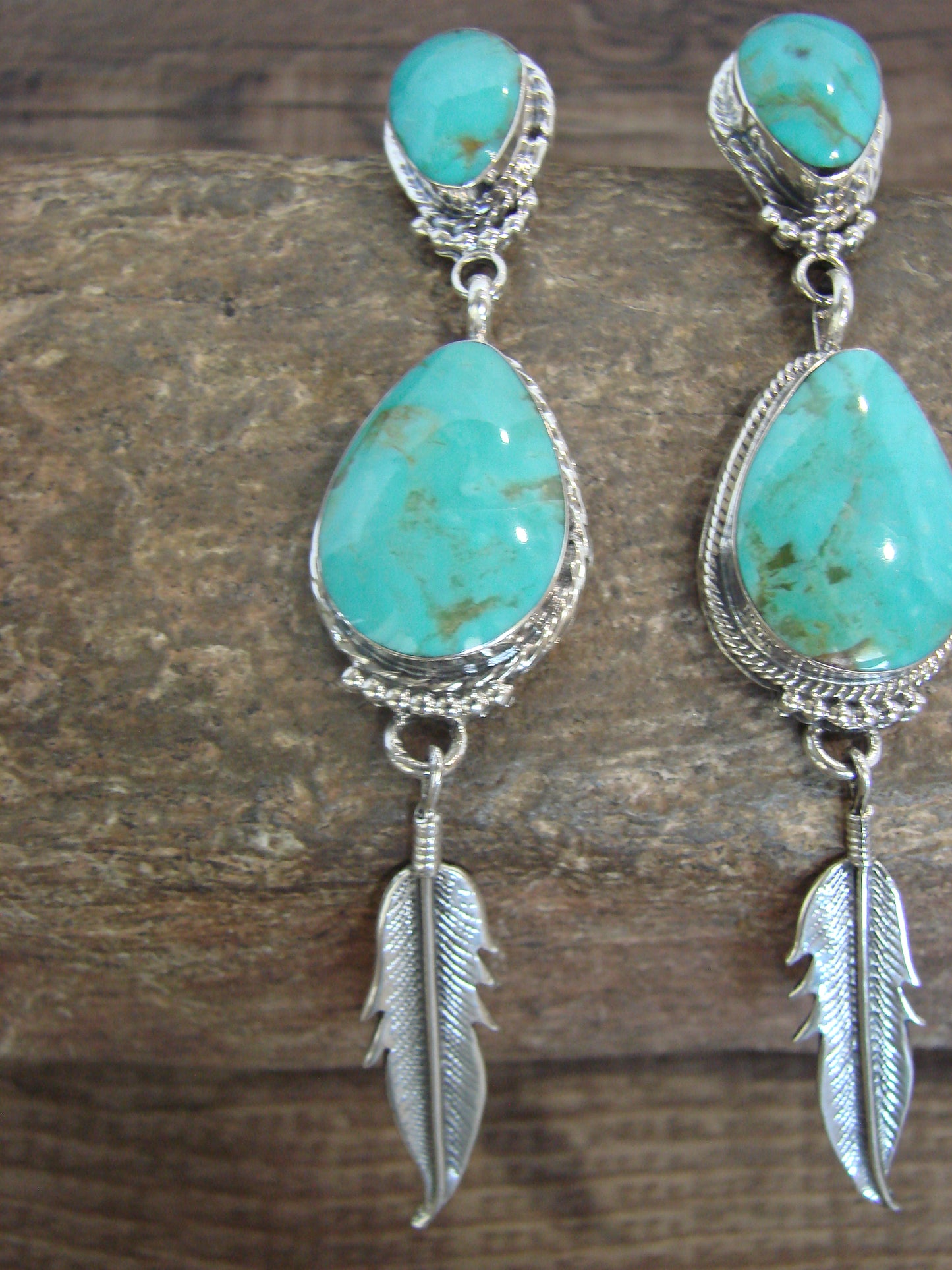 Native American Sterling Silver & Turquoise Post Feather Dangle Earrings by Smith