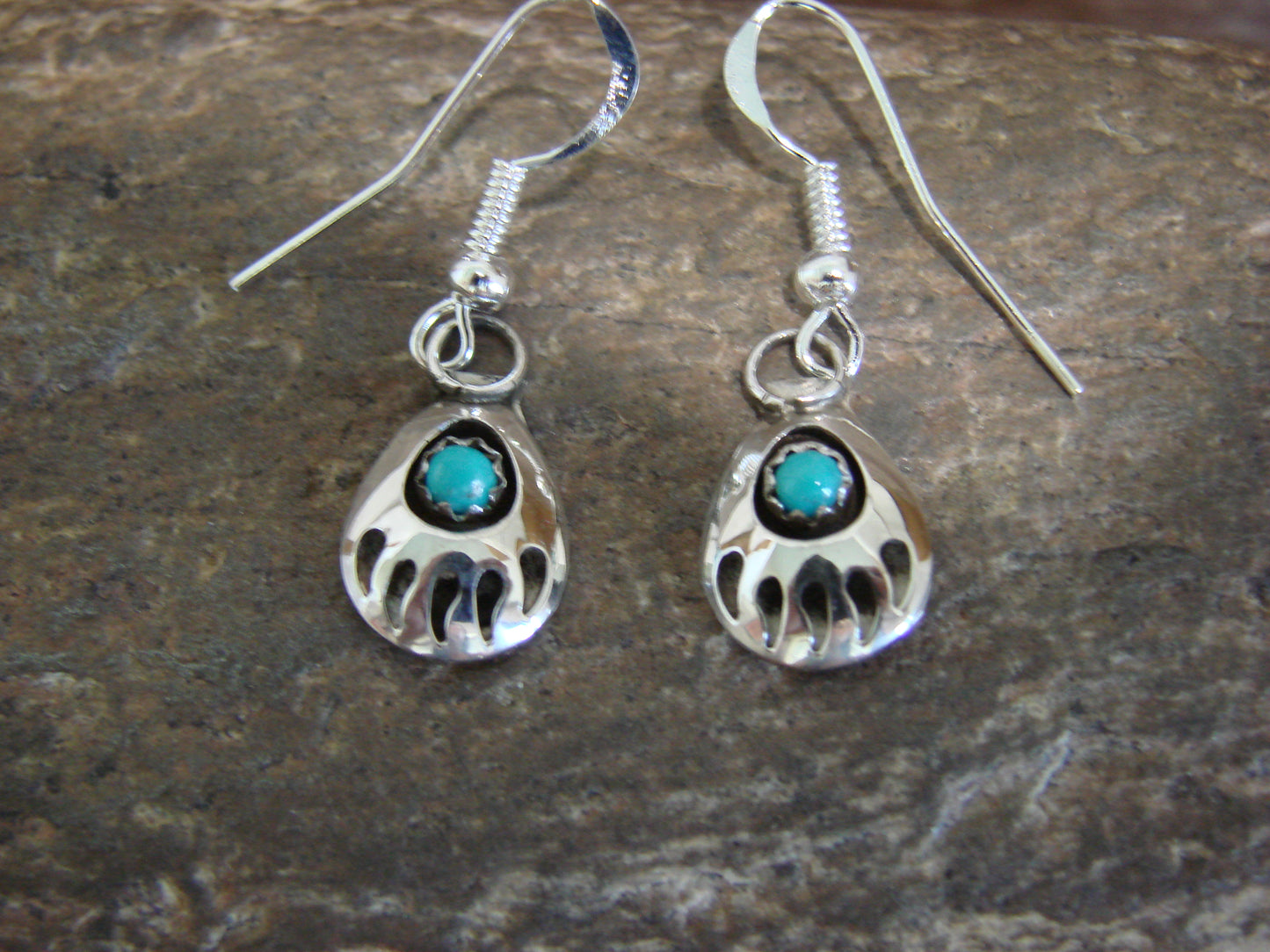 Native American Sterling Silver & Turquoise Bear Paw Dangle Earrings - Parker