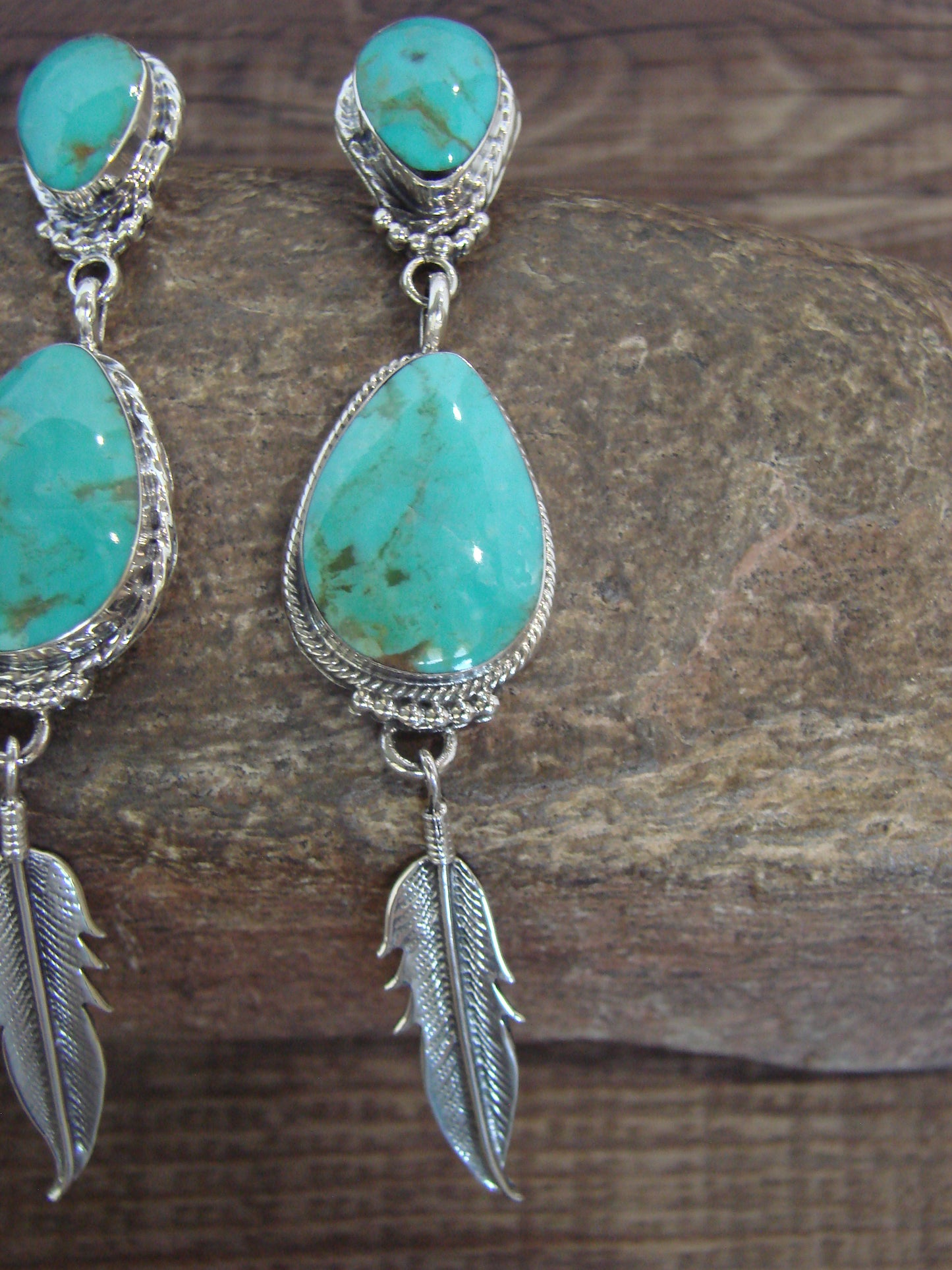 Native American Sterling Silver & Turquoise Post Feather Dangle Earrings by Smith