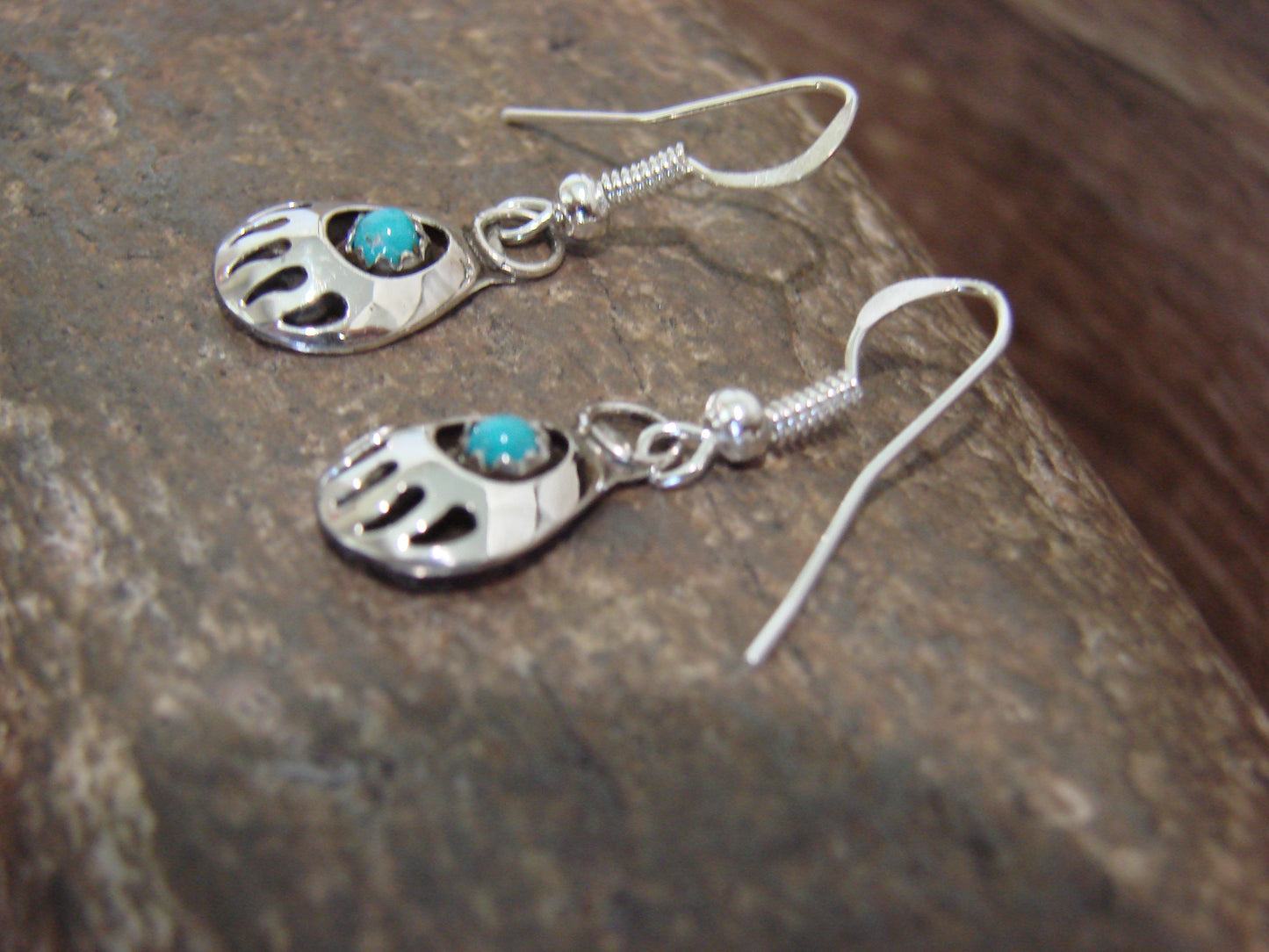 Native American Sterling Silver & Turquoise Bear Paw Dangle Earrings - Parker