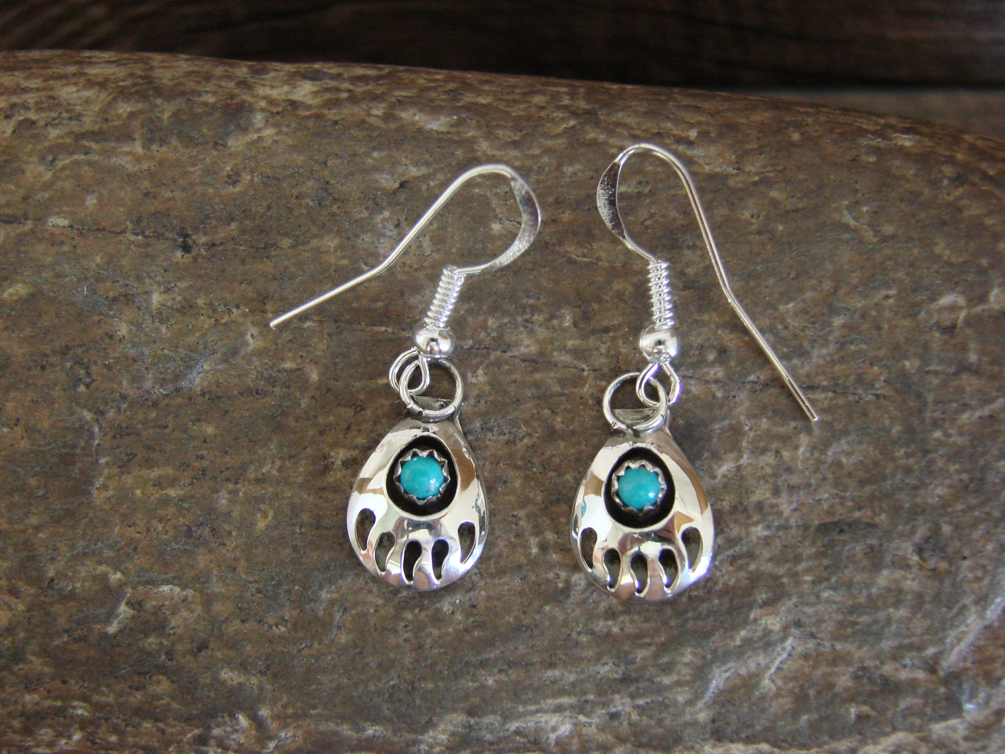 Native American Sterling Silver & Turquoise Bear Paw Dangle Earrings - Parker