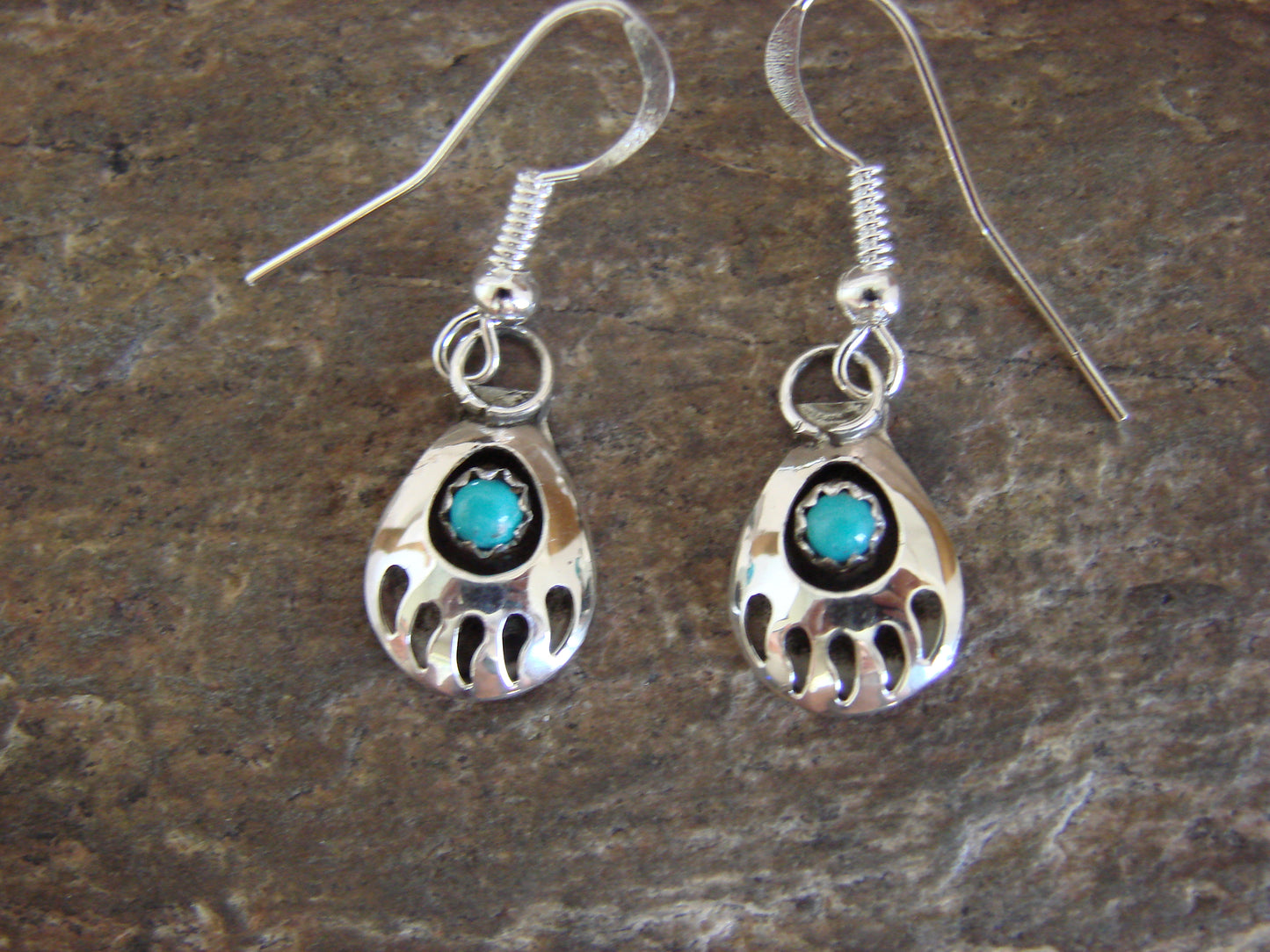 Native American Sterling Silver & Turquoise Bear Paw Dangle Earrings - Parker