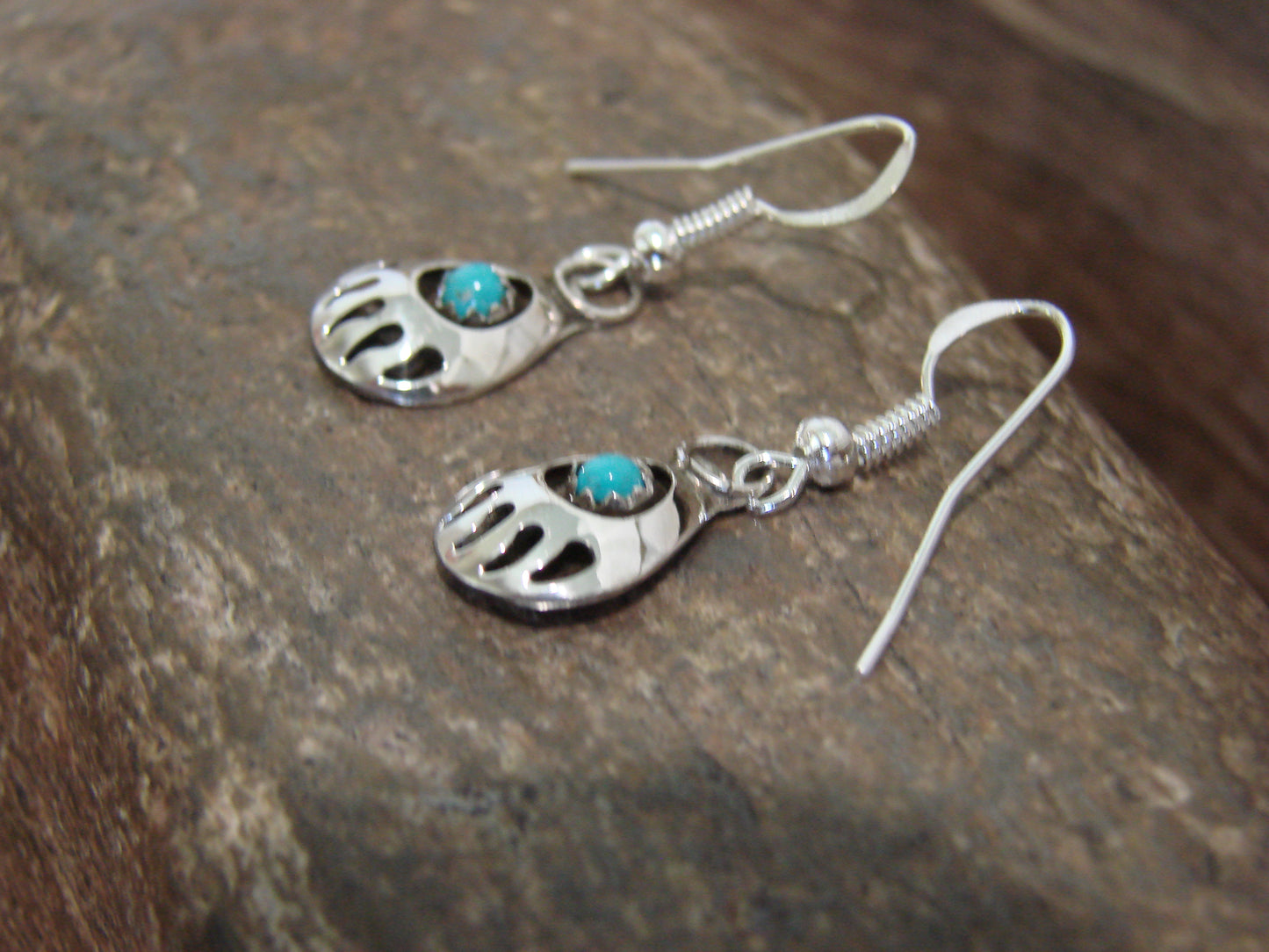 Native American Sterling Silver & Turquoise Bear Paw Dangle Earrings - Parker