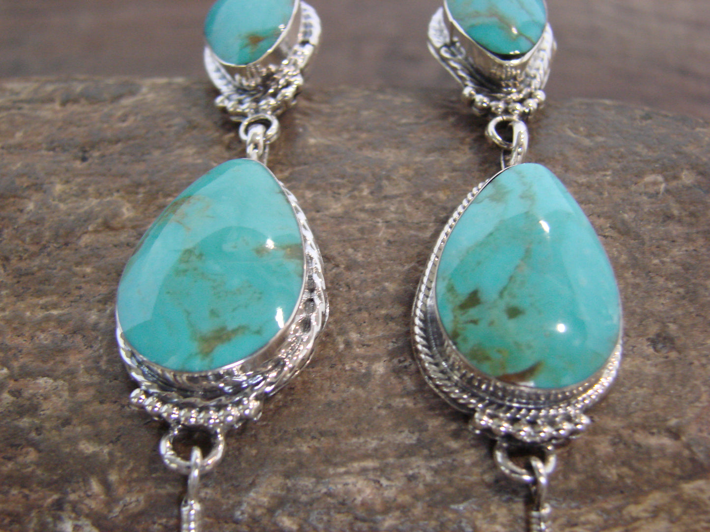 Native American Sterling Silver & Turquoise Post Feather Dangle Earrings by Smith