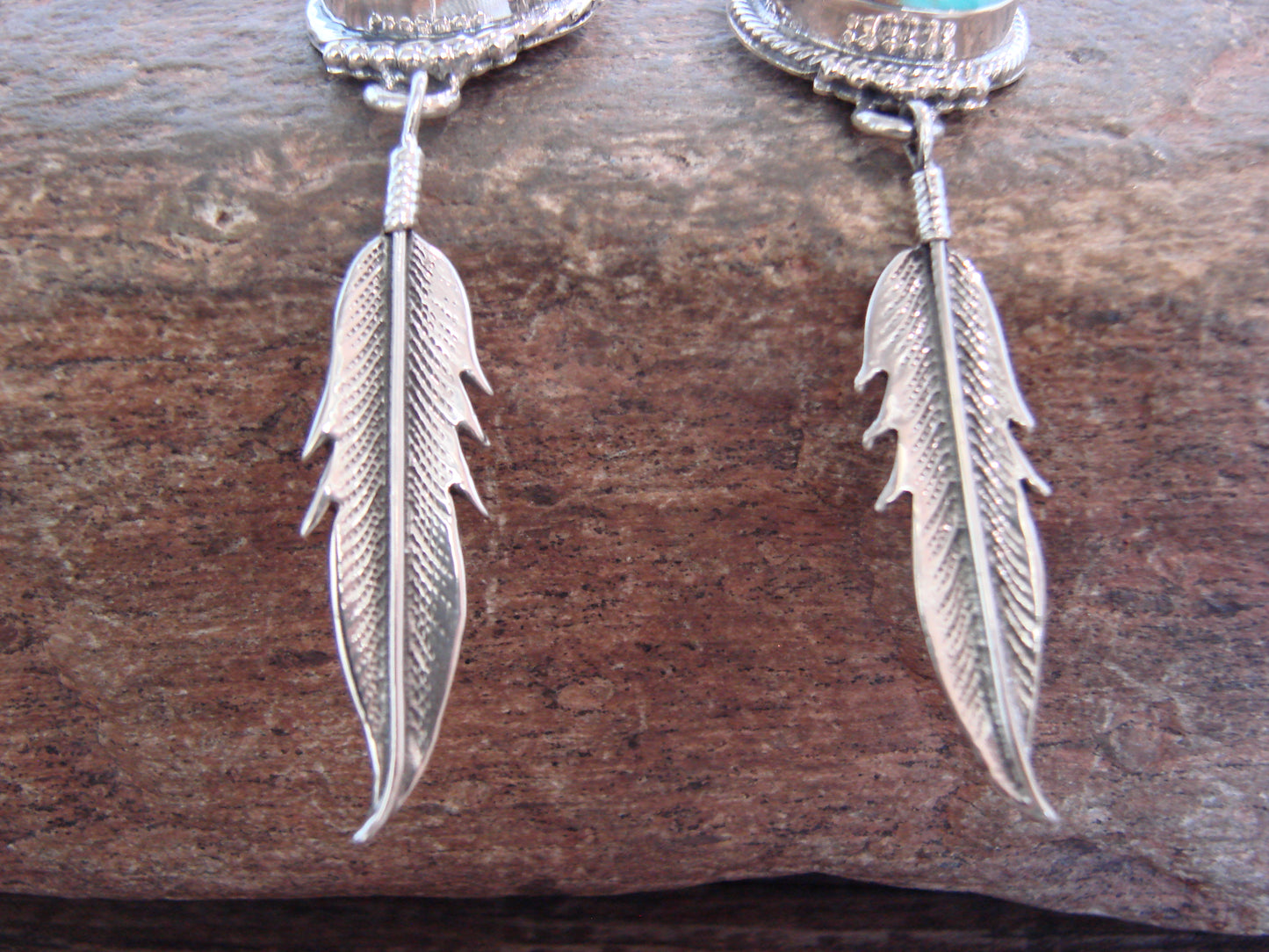 Native American Sterling Silver & Turquoise Post Feather Dangle Earrings by Smith