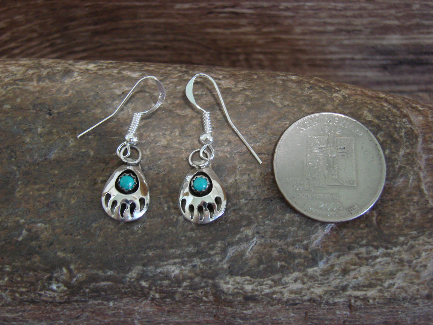 Native American Sterling Silver & Turquoise Bear Paw Dangle Earrings - Parker