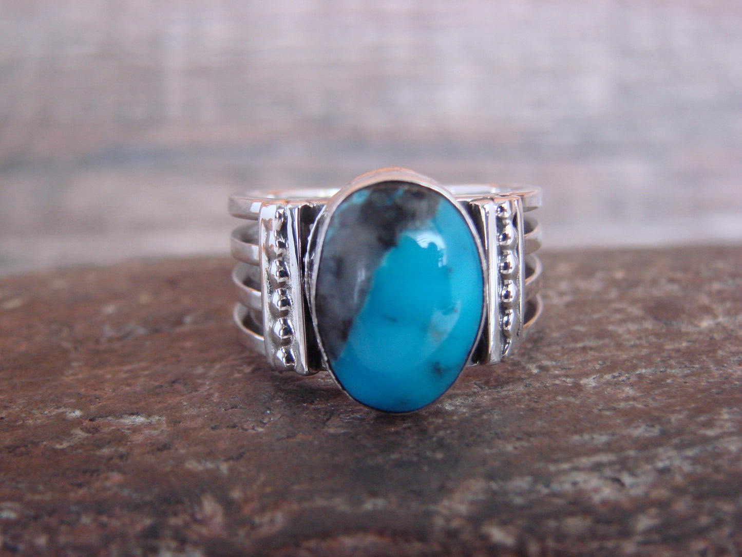 Native American Sterling Silver & Turquoise Ring Signed Yazzie - Size 9