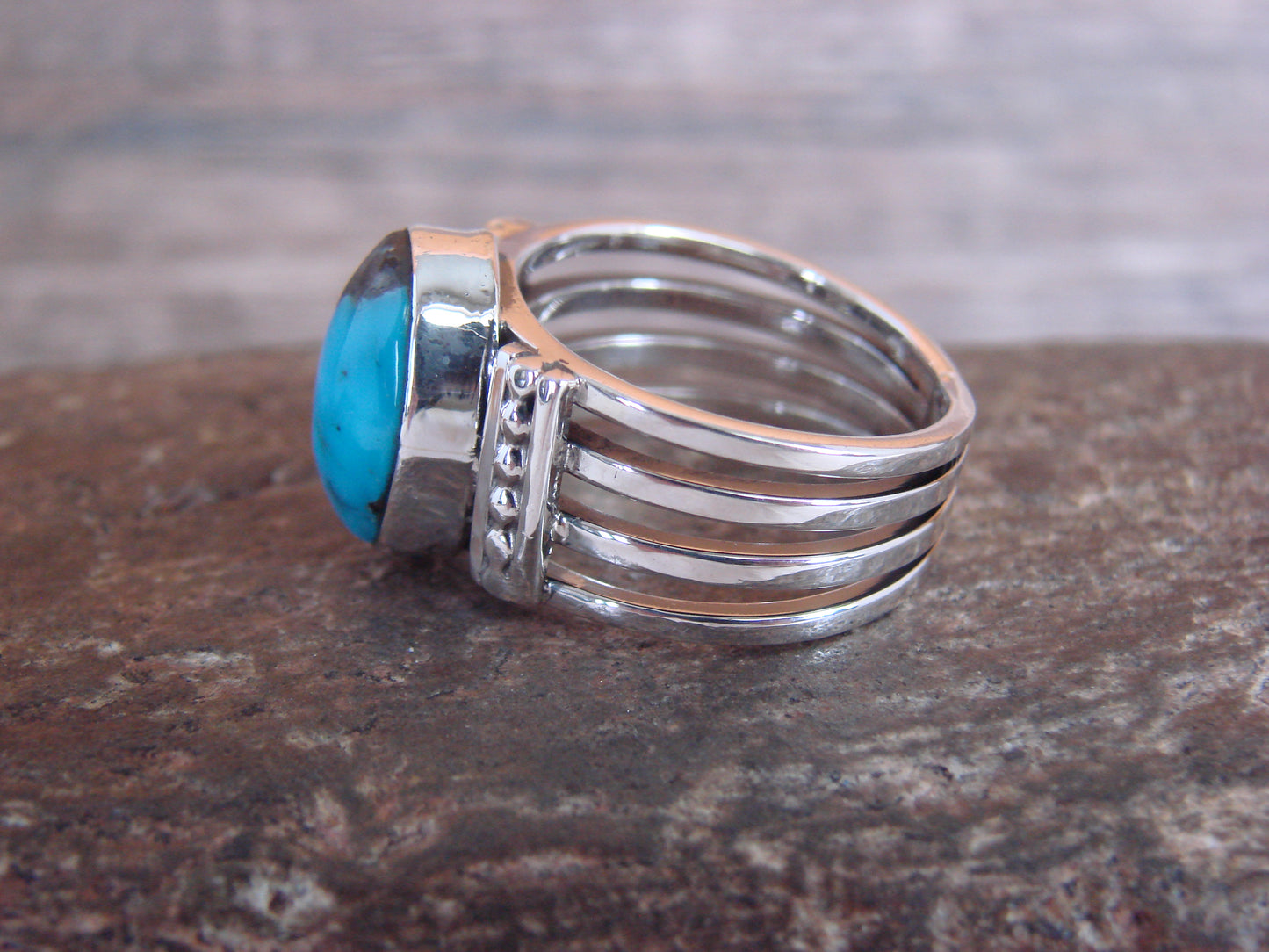 Native American Sterling Silver & Turquoise Ring Signed Yazzie - Size 9