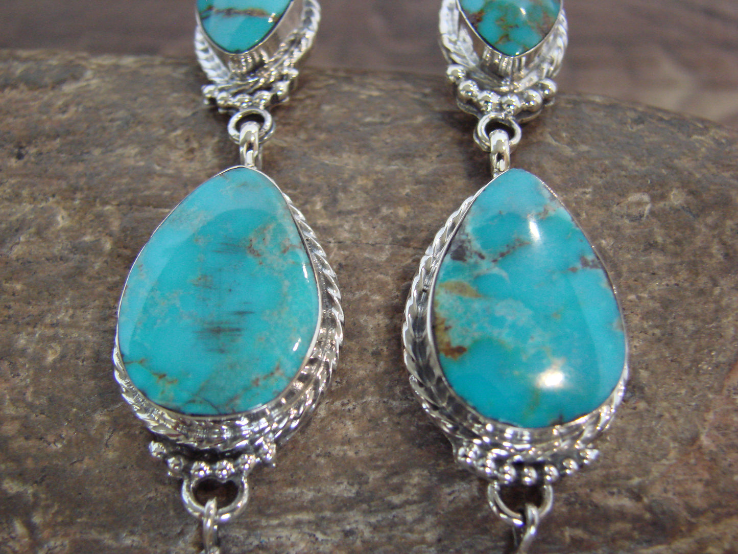 Native American Sterling Silver & Turquoise Post Feather Dangle Earrings by Smith