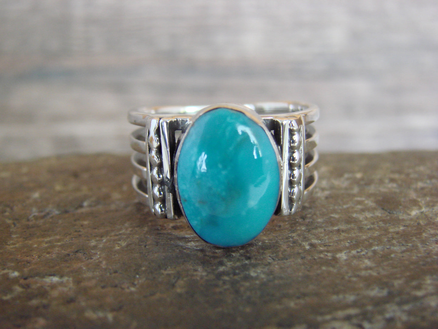 Native American Sterling Silver & Turquoise Ring Signed Yazzie - Size 9