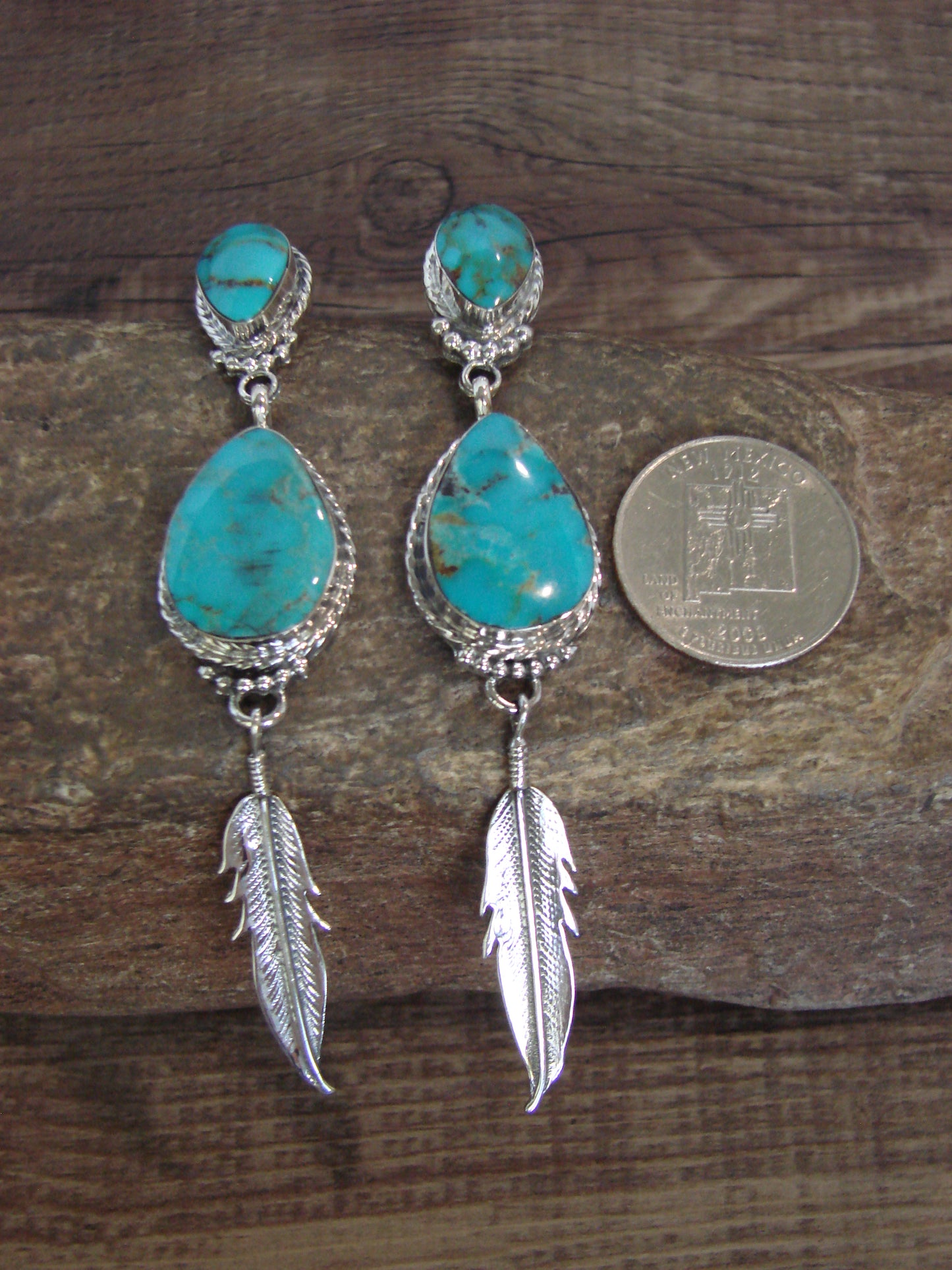 Native American Sterling Silver & Turquoise Post Feather Dangle Earrings by Smith