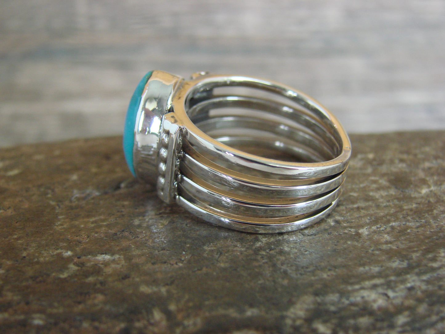 Native American Sterling Silver & Turquoise Ring Signed Yazzie - Size 9