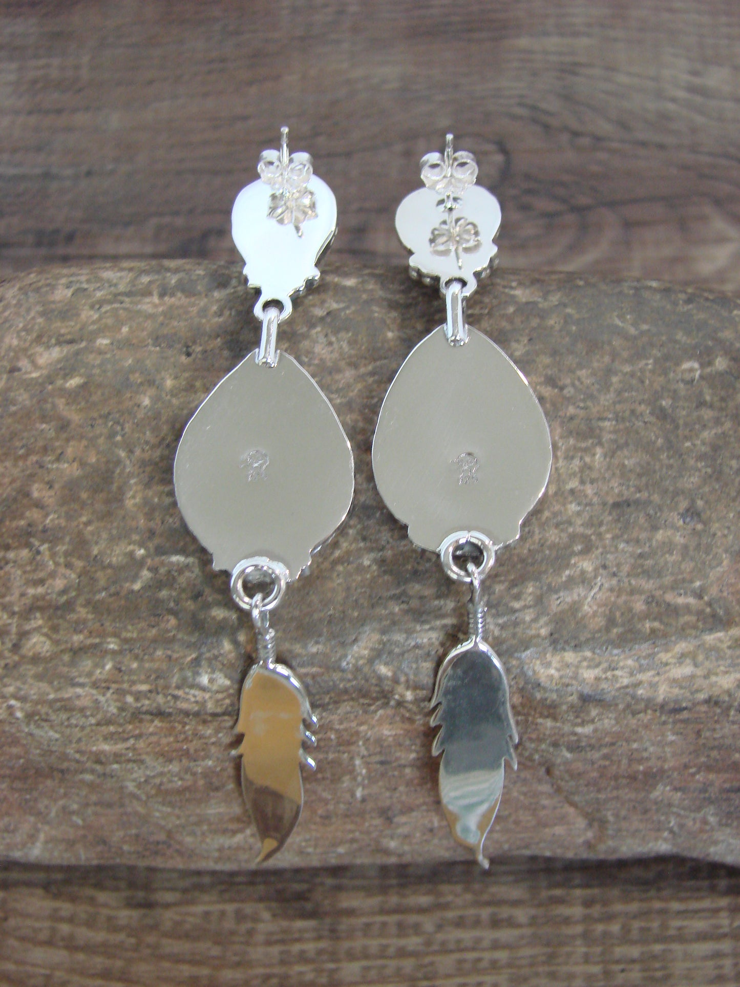 Native American Sterling Silver & Turquoise Post Feather Dangle Earrings by Smith