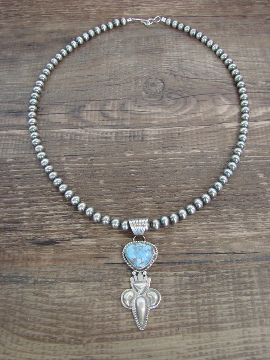 Native American 16" Sterling Silver & Turquoise Navajo Pearl Necklace by McCarthy