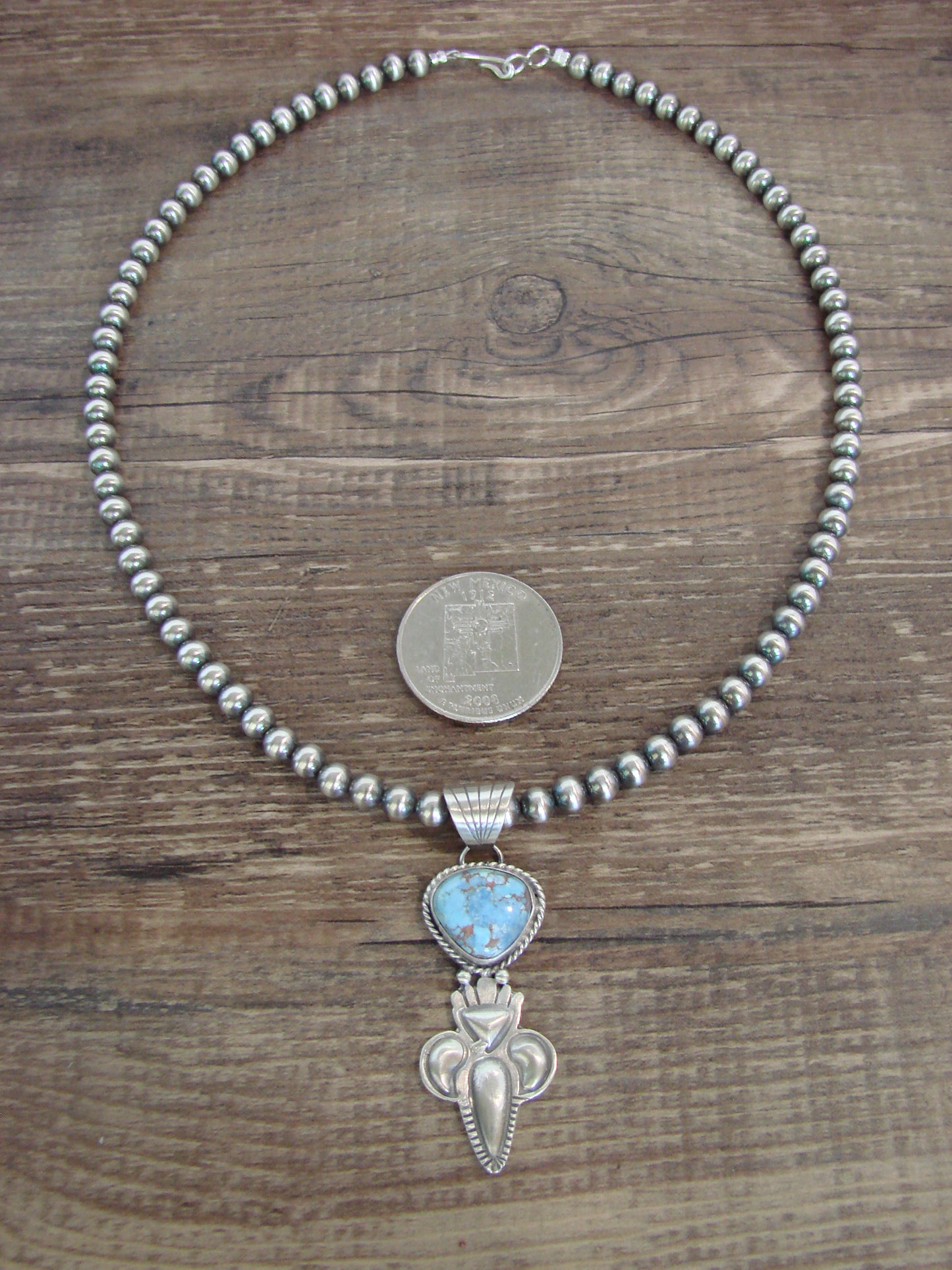 Native American 16" Sterling Silver & Turquoise Navajo Pearl Necklace by McCarthy