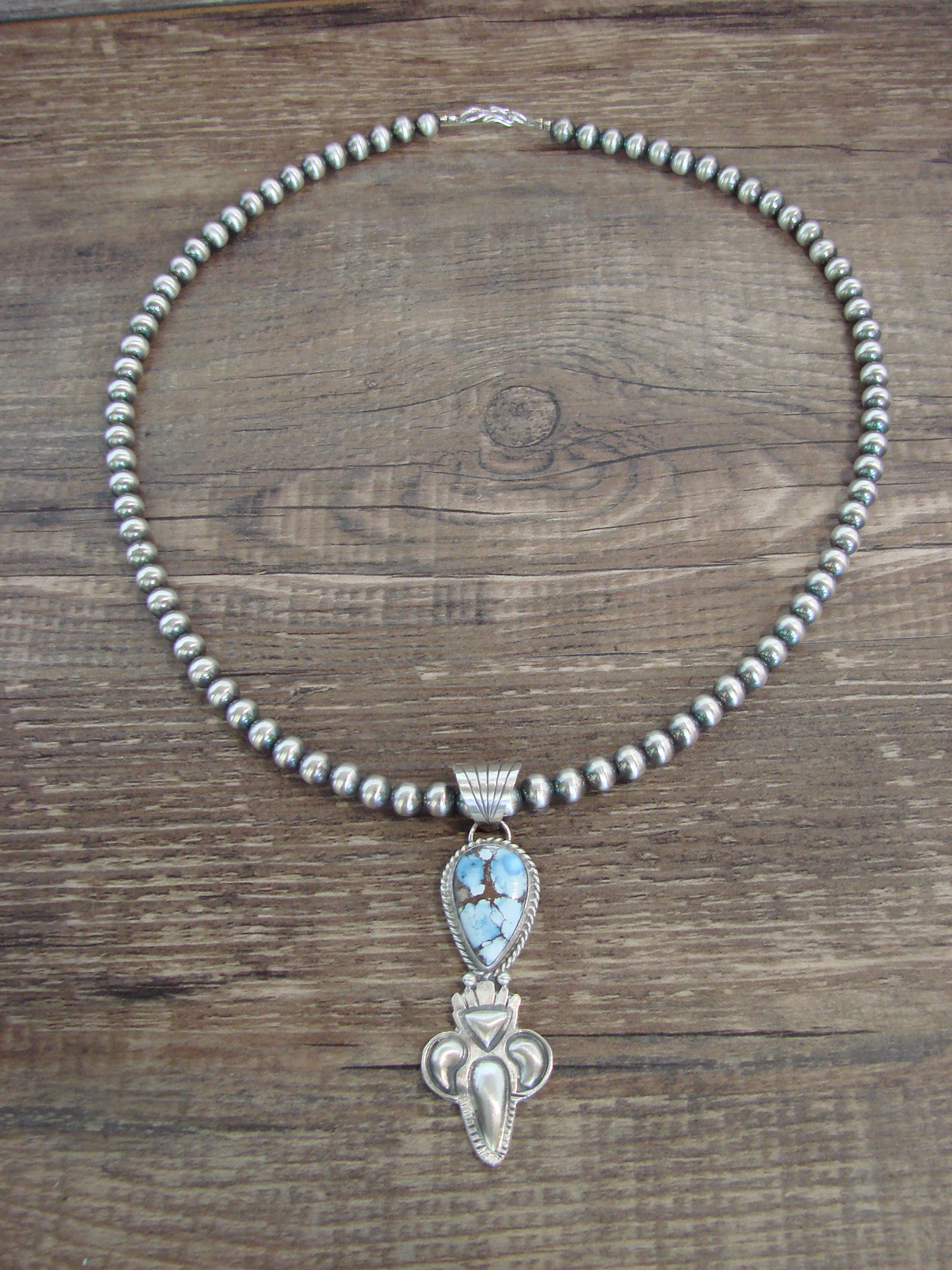 Native American 16" Sterling Silver & Turquoise Navajo Pearl Necklace by McCarthy