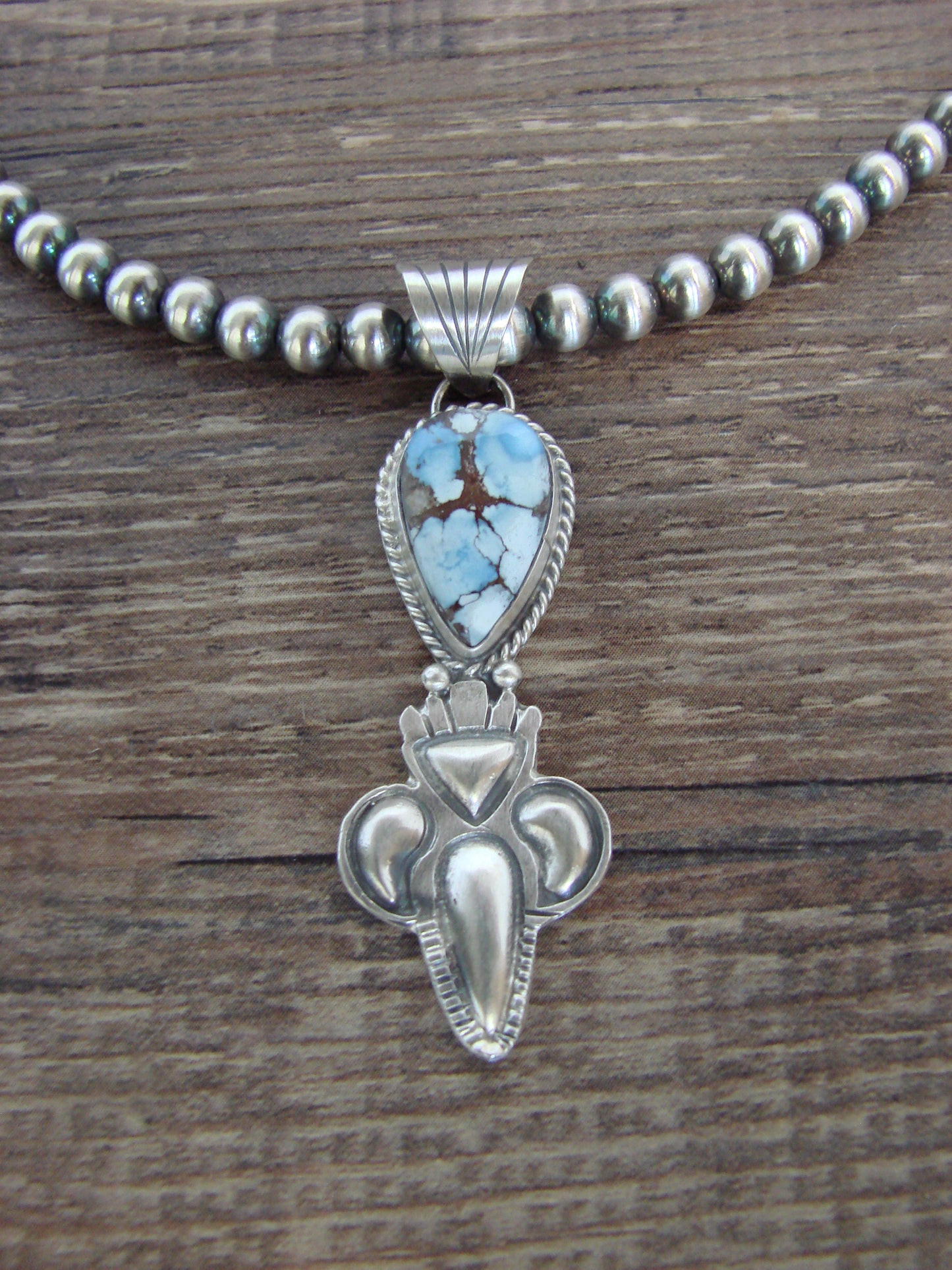 Native American 16" Sterling Silver & Turquoise Navajo Pearl Necklace by McCarthy