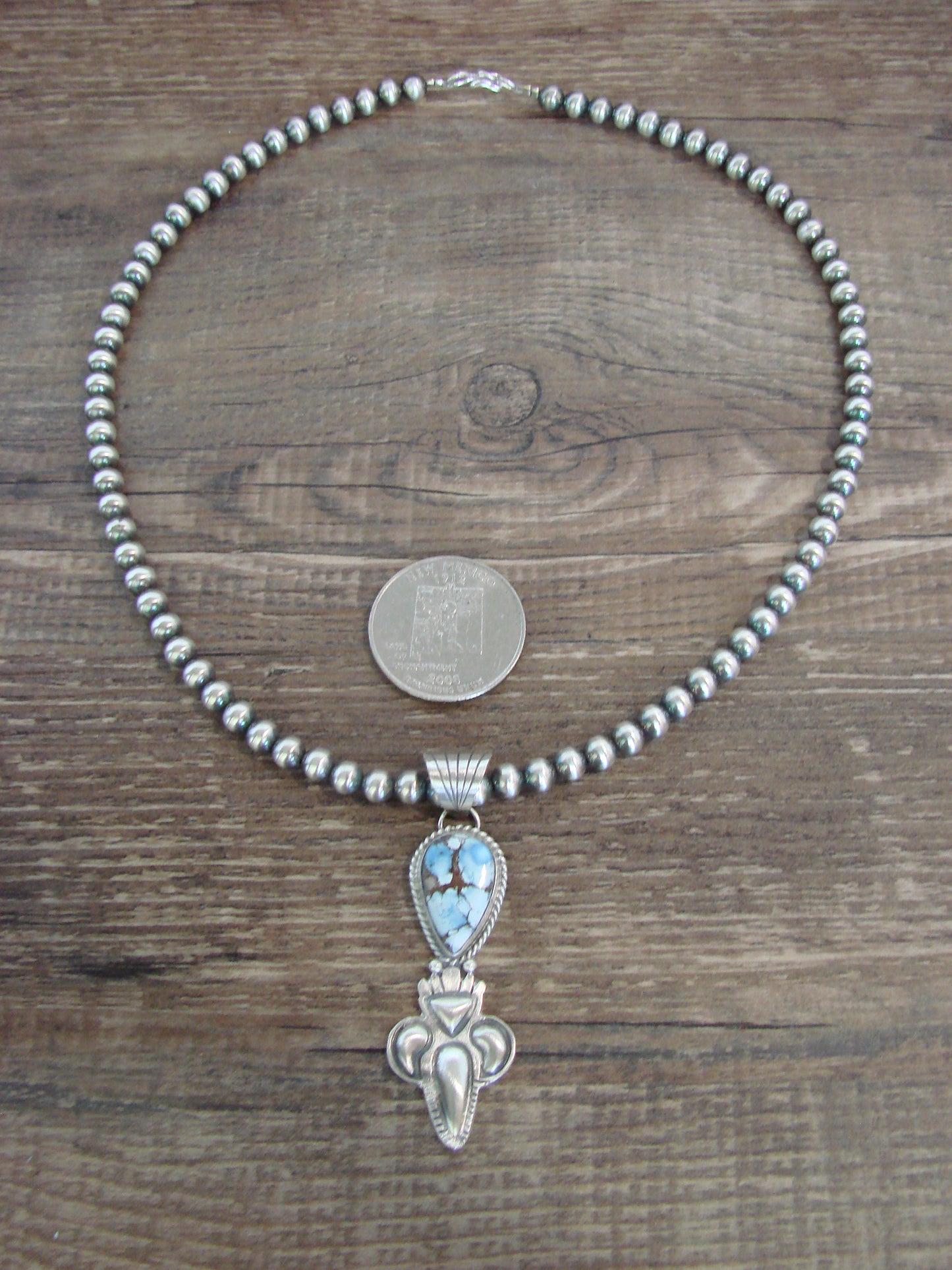 Native American 16" Sterling Silver & Turquoise Navajo Pearl Necklace by McCarthy