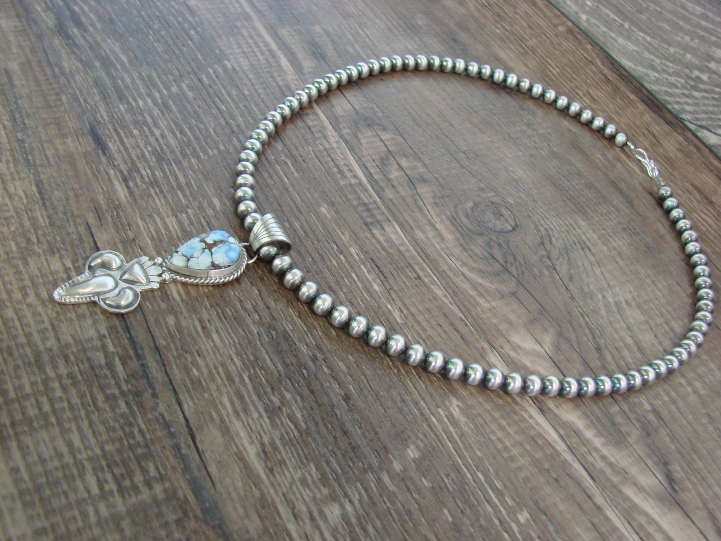 Native American 16" Sterling Silver & Turquoise Navajo Pearl Necklace by McCarthy