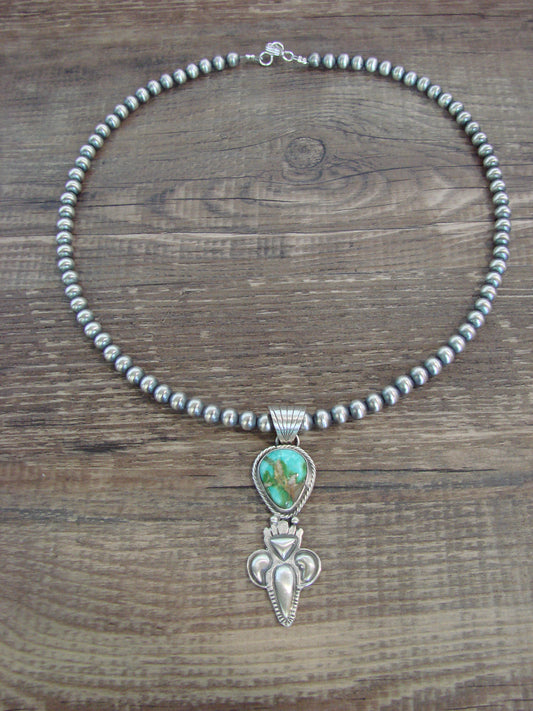 Native American 16" Sterling Silver & Turquoise Navajo Pearl Necklace by McCarthy