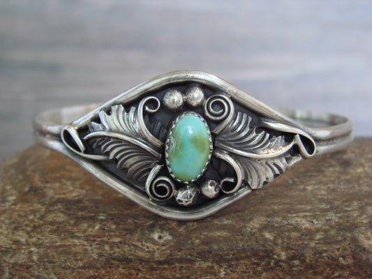 Native American Sterling Silver & Turquoise Feather Bracelet Signed Yazzie