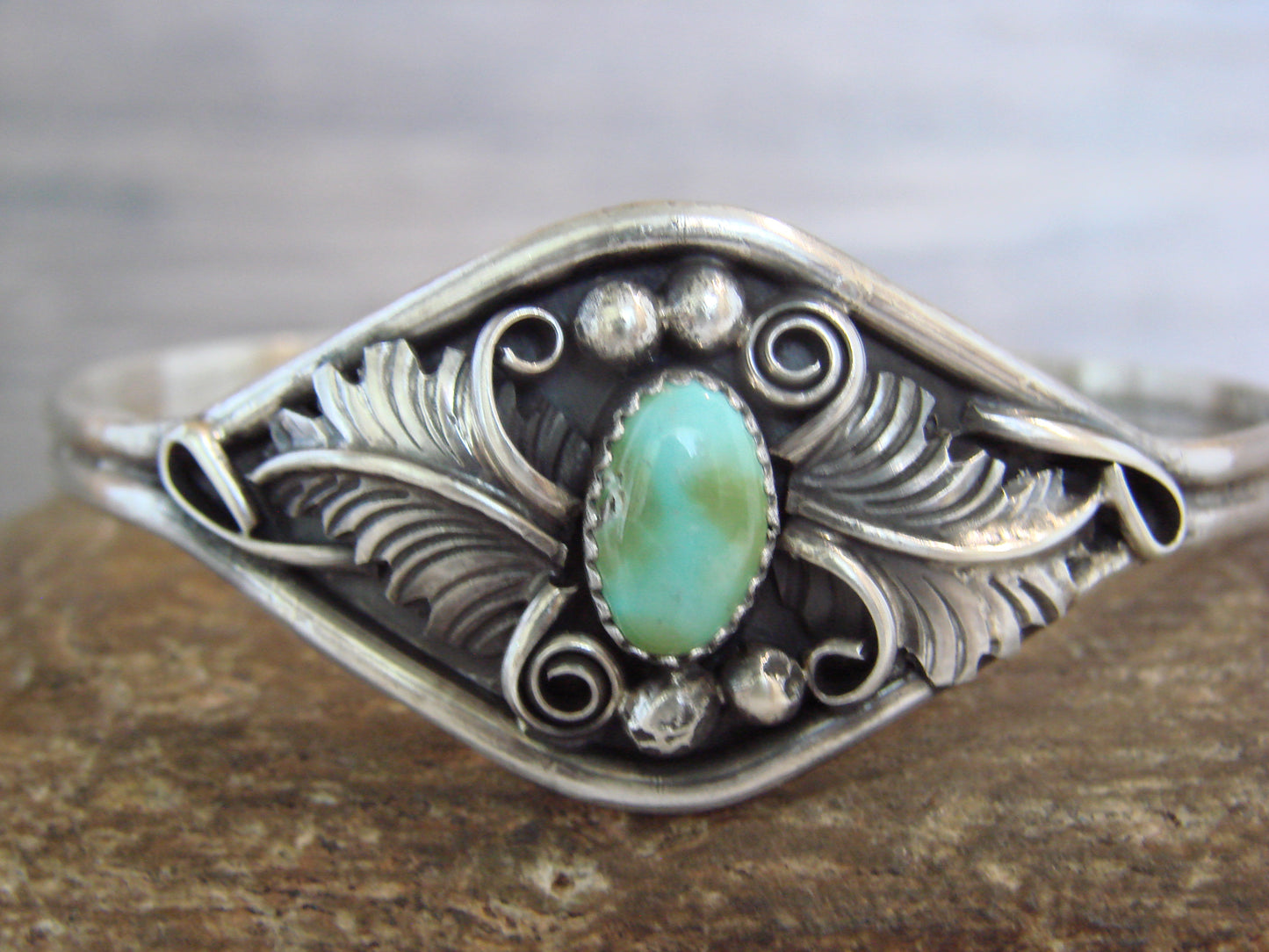 Native American Sterling Silver & Turquoise Feather Bracelet Signed Yazzie