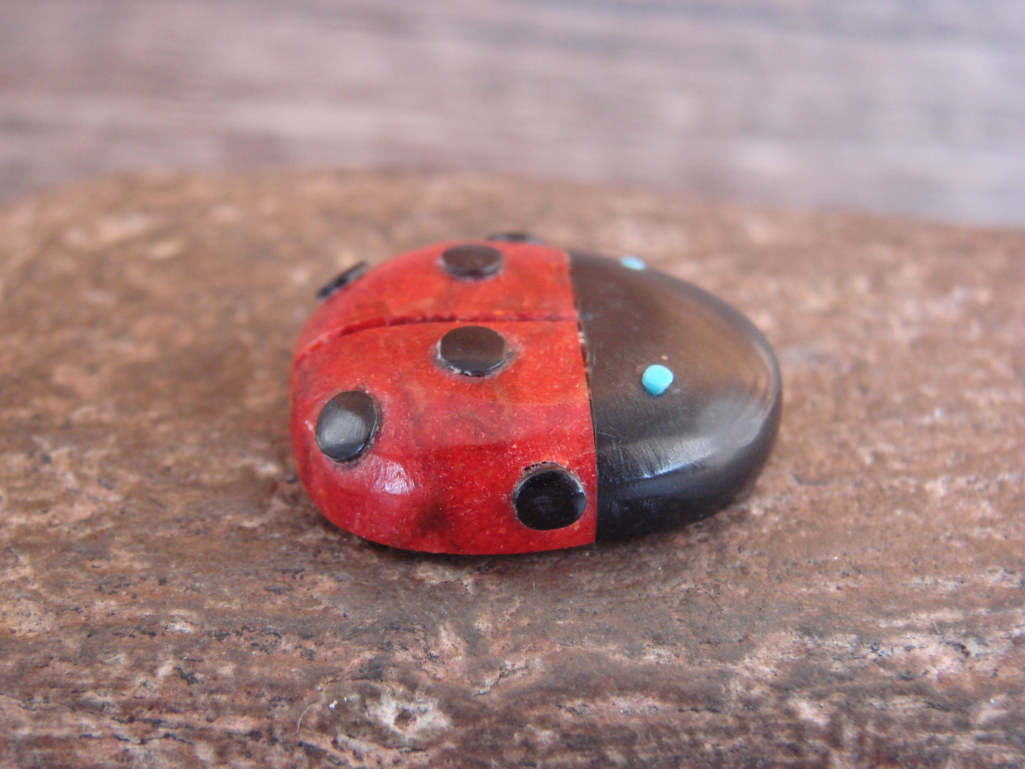 Native American Zuni Hand Carved Coral Ladybug Fetish by Lonasee