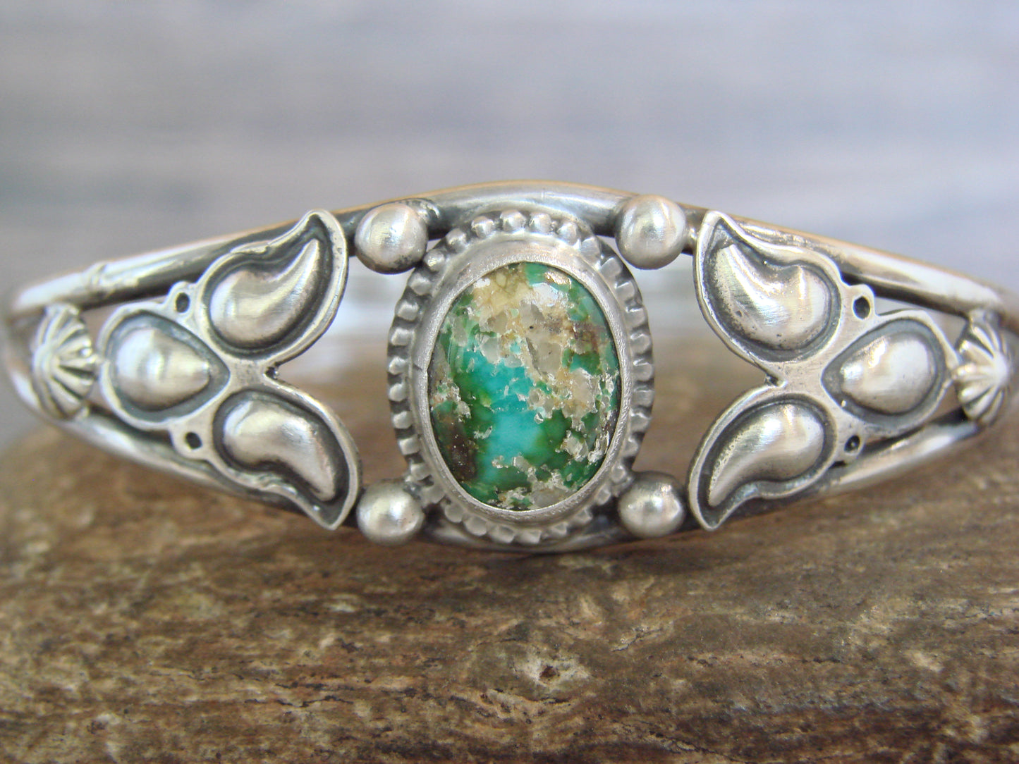 Native American Sterling Silver & Turquoise Feather Bracelet by Morgan