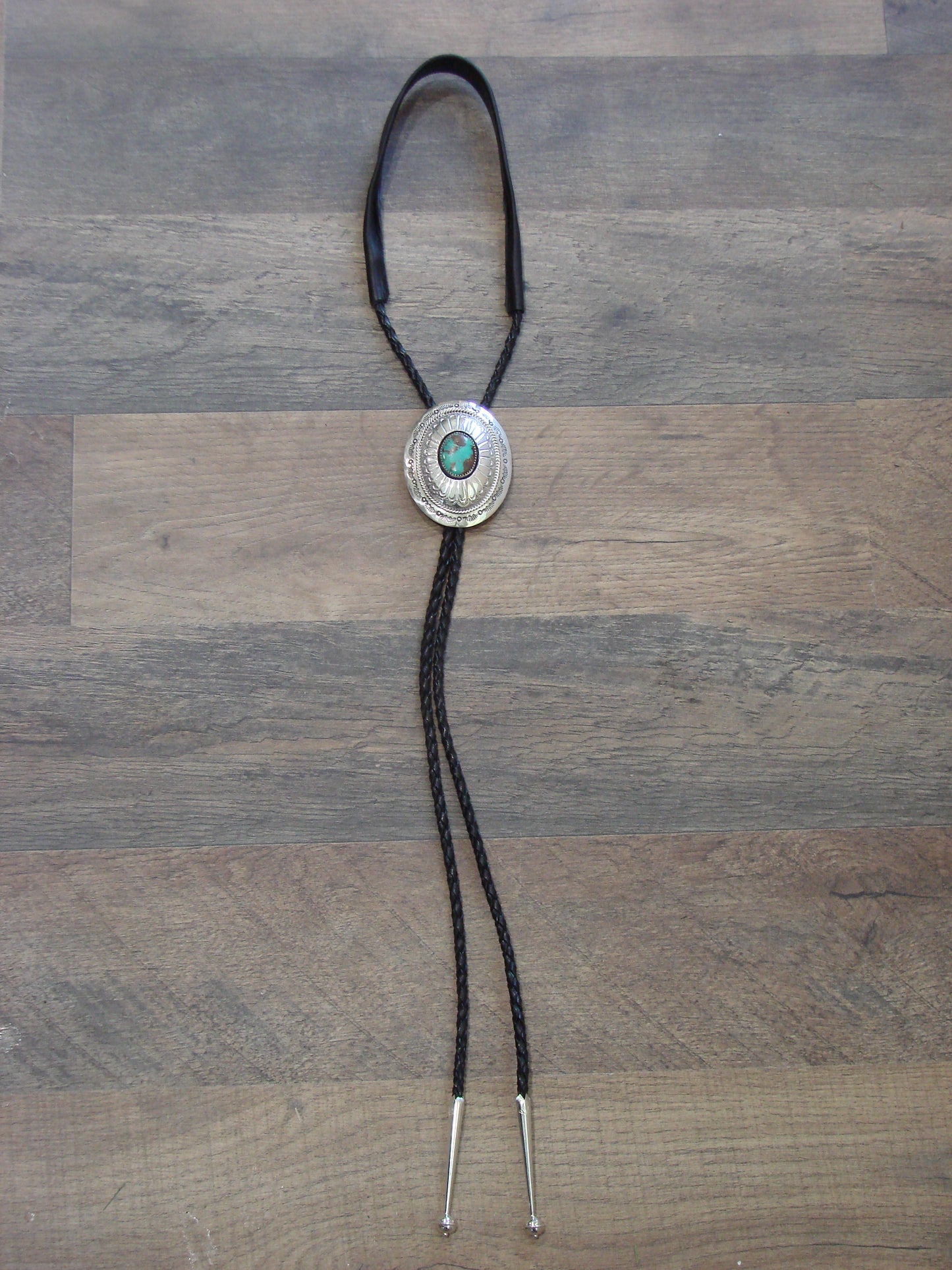 Native American Sterling Silver & Turquoise Concho Bolo Tie by Muskett Sr.