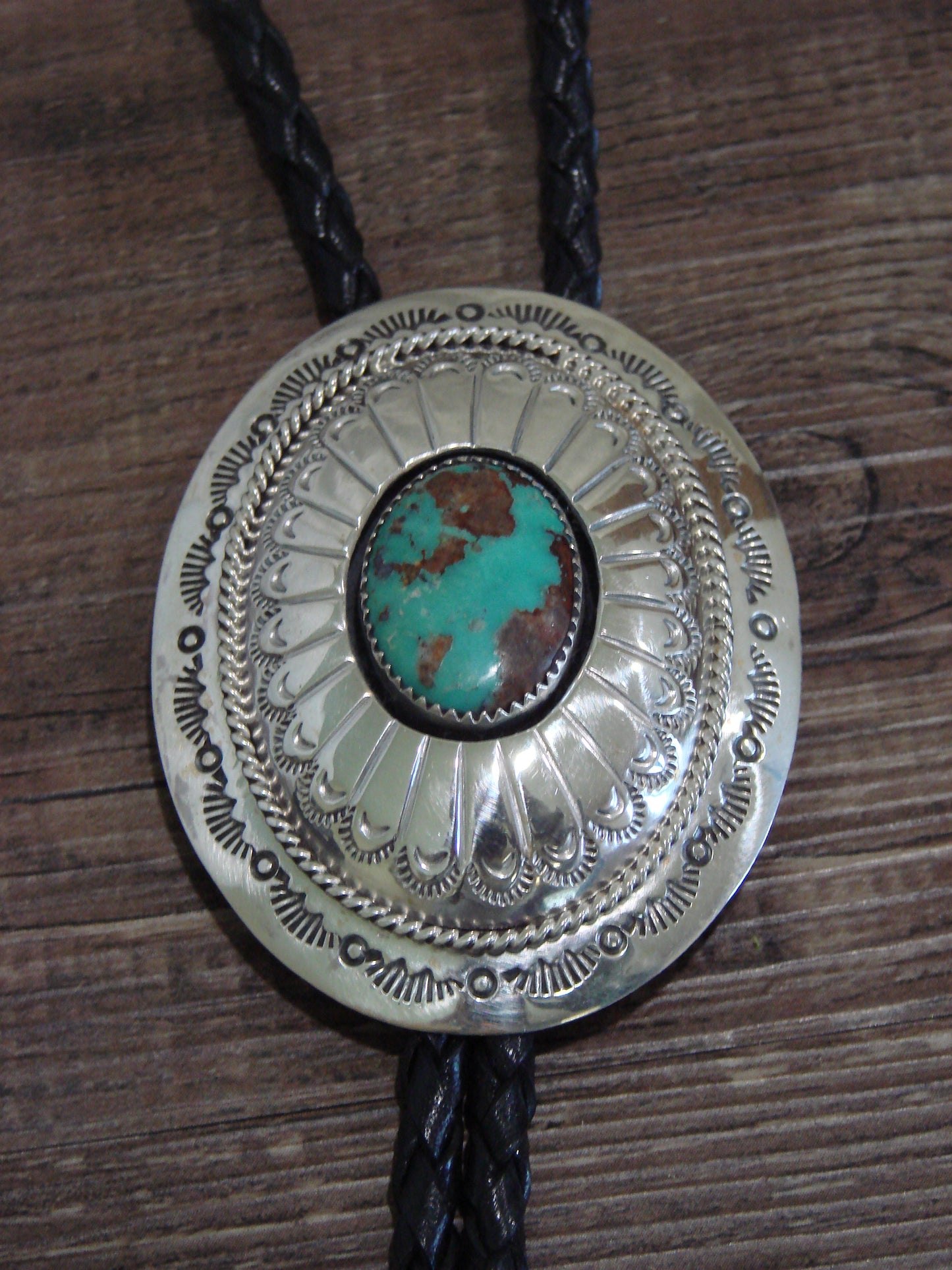 Native American Sterling Silver & Turquoise Concho Bolo Tie by Muskett Sr.