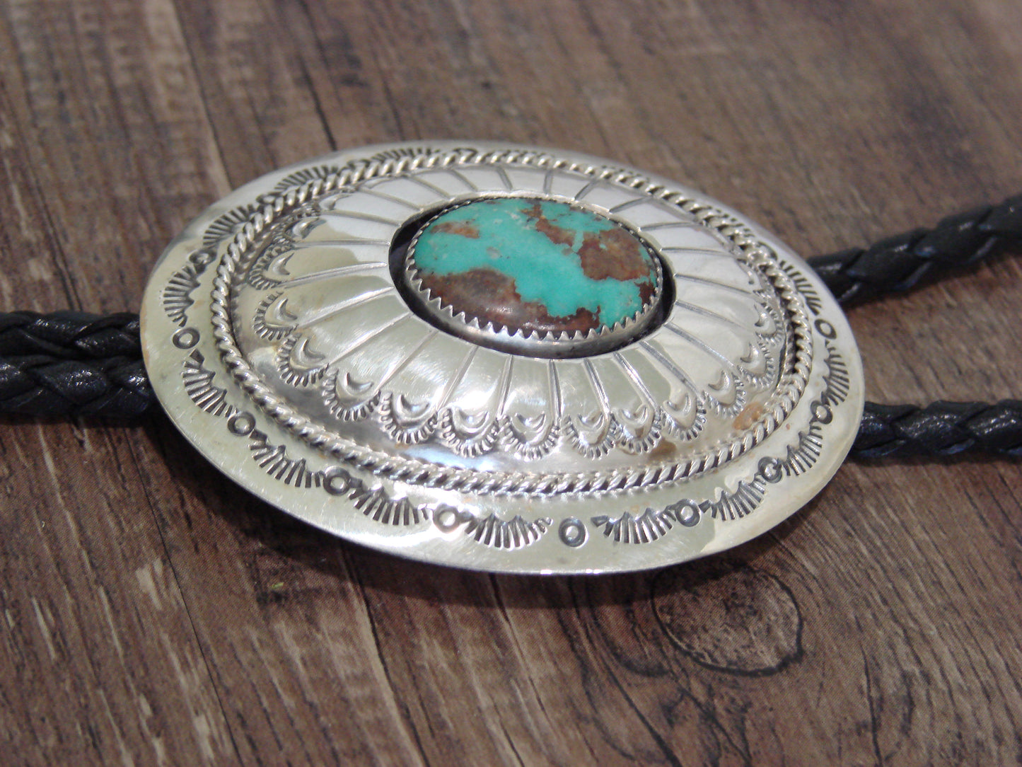 Native American Sterling Silver & Turquoise Concho Bolo Tie by Muskett Sr.