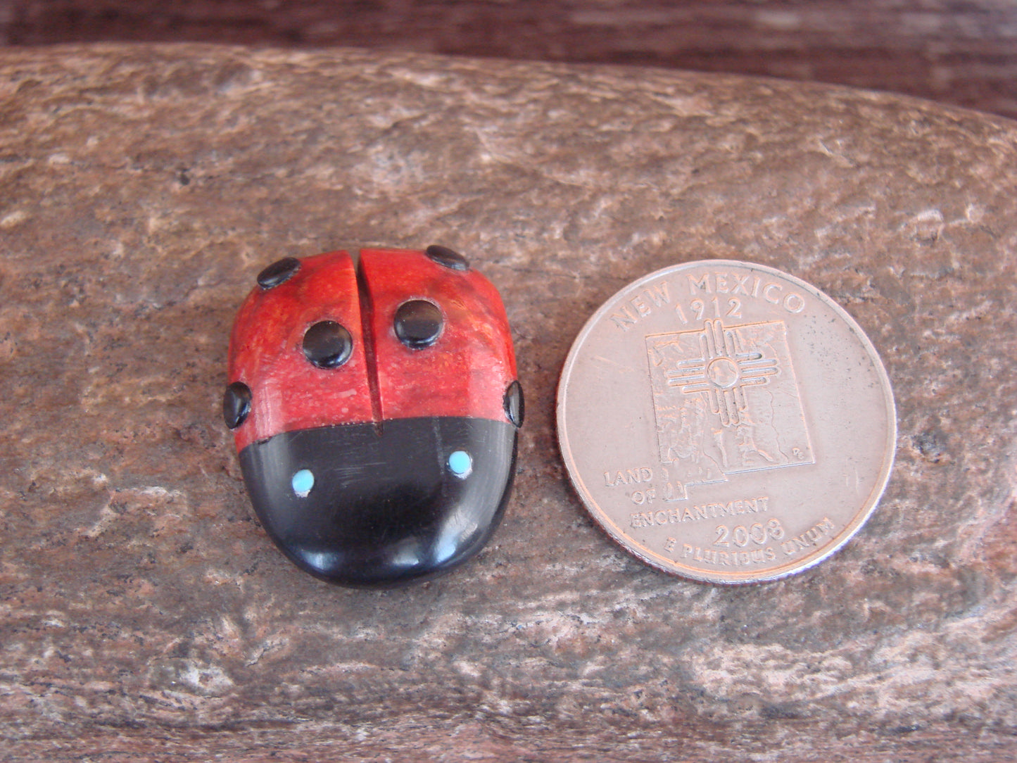 Native American Zuni Hand Carved Coral Ladybug Fetish by Lonasee
