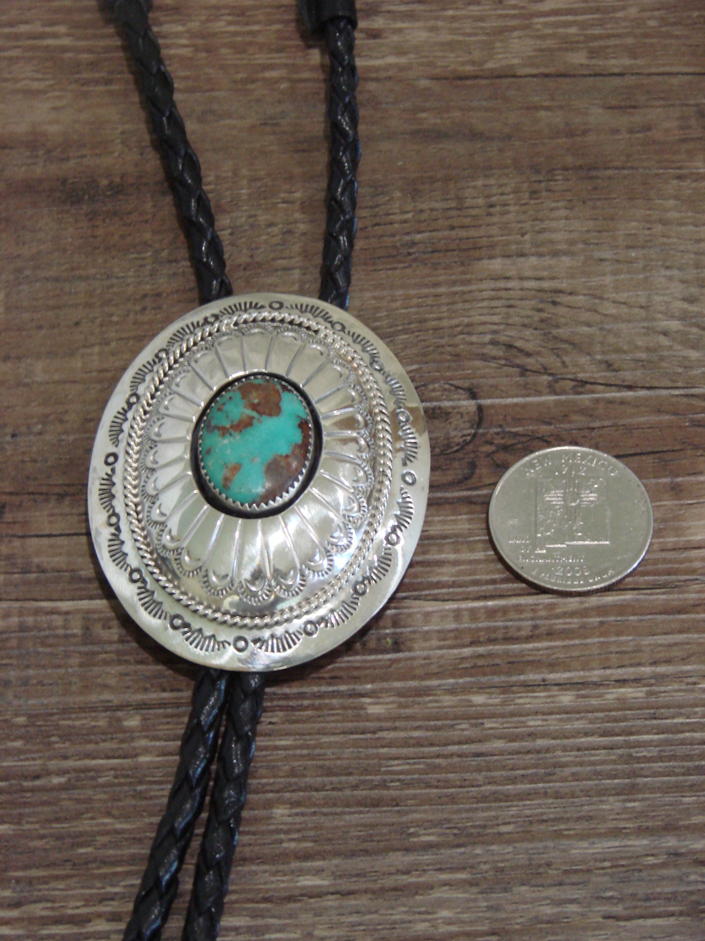 Native American Sterling Silver & Turquoise Concho Bolo Tie by Muskett Sr.