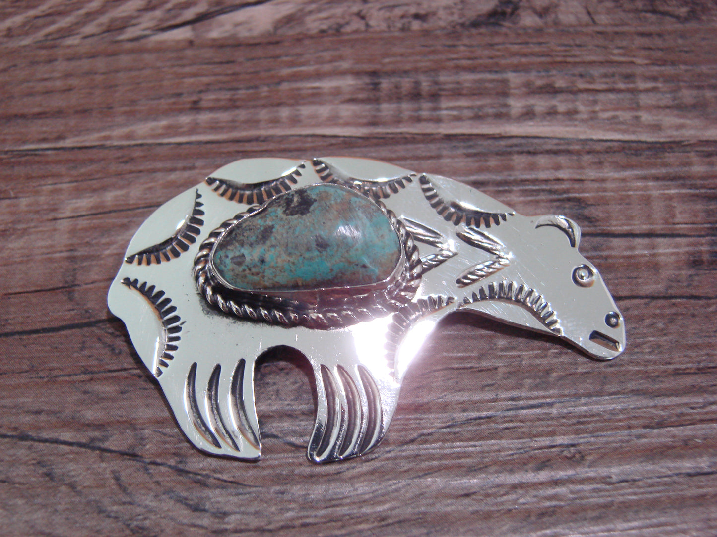 Navajo Indian Nickel Silver & Turquoise Bear Pendant - Cleveland