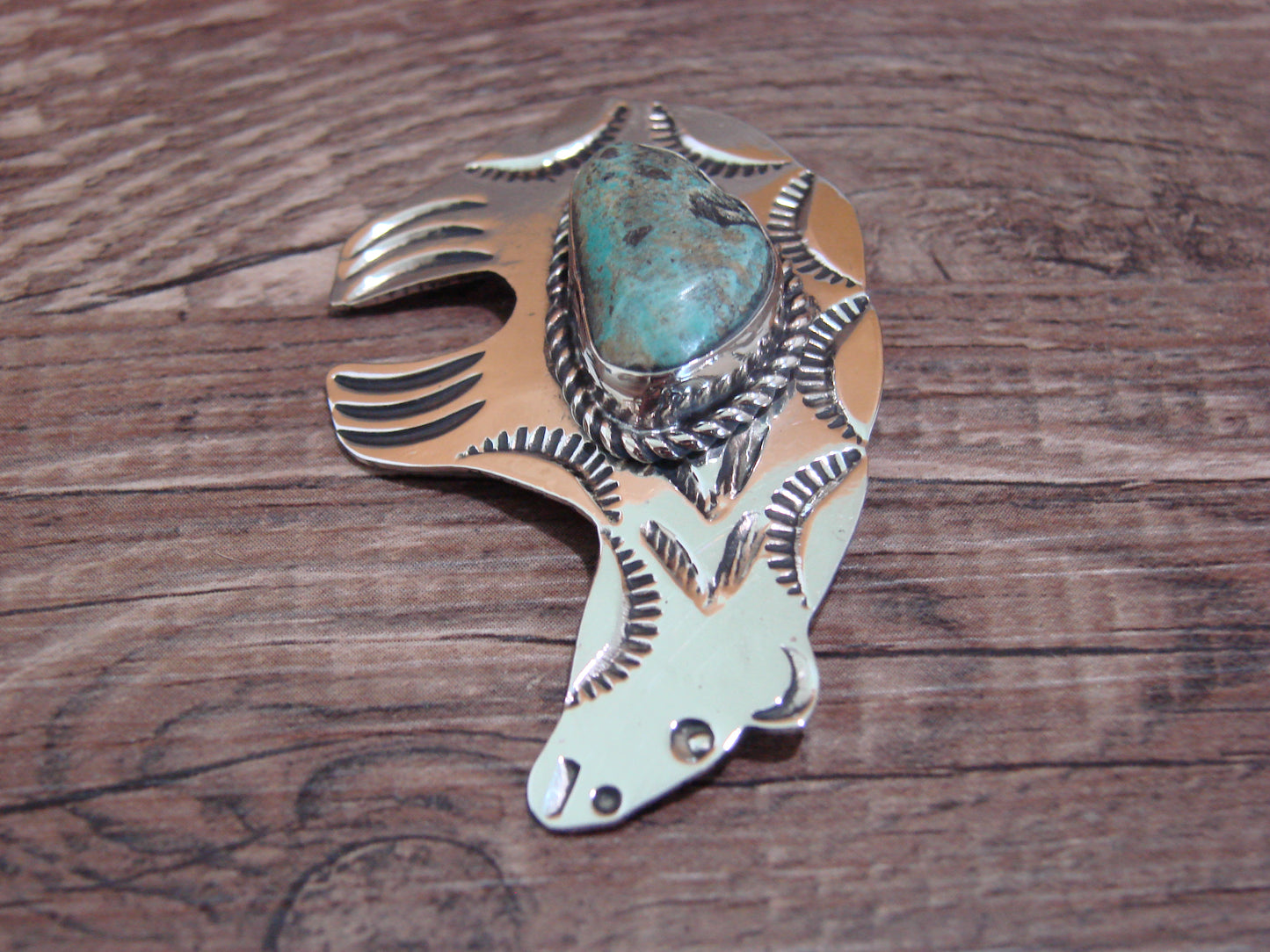 Navajo Indian Nickel Silver & Turquoise Bear Pendant - Cleveland