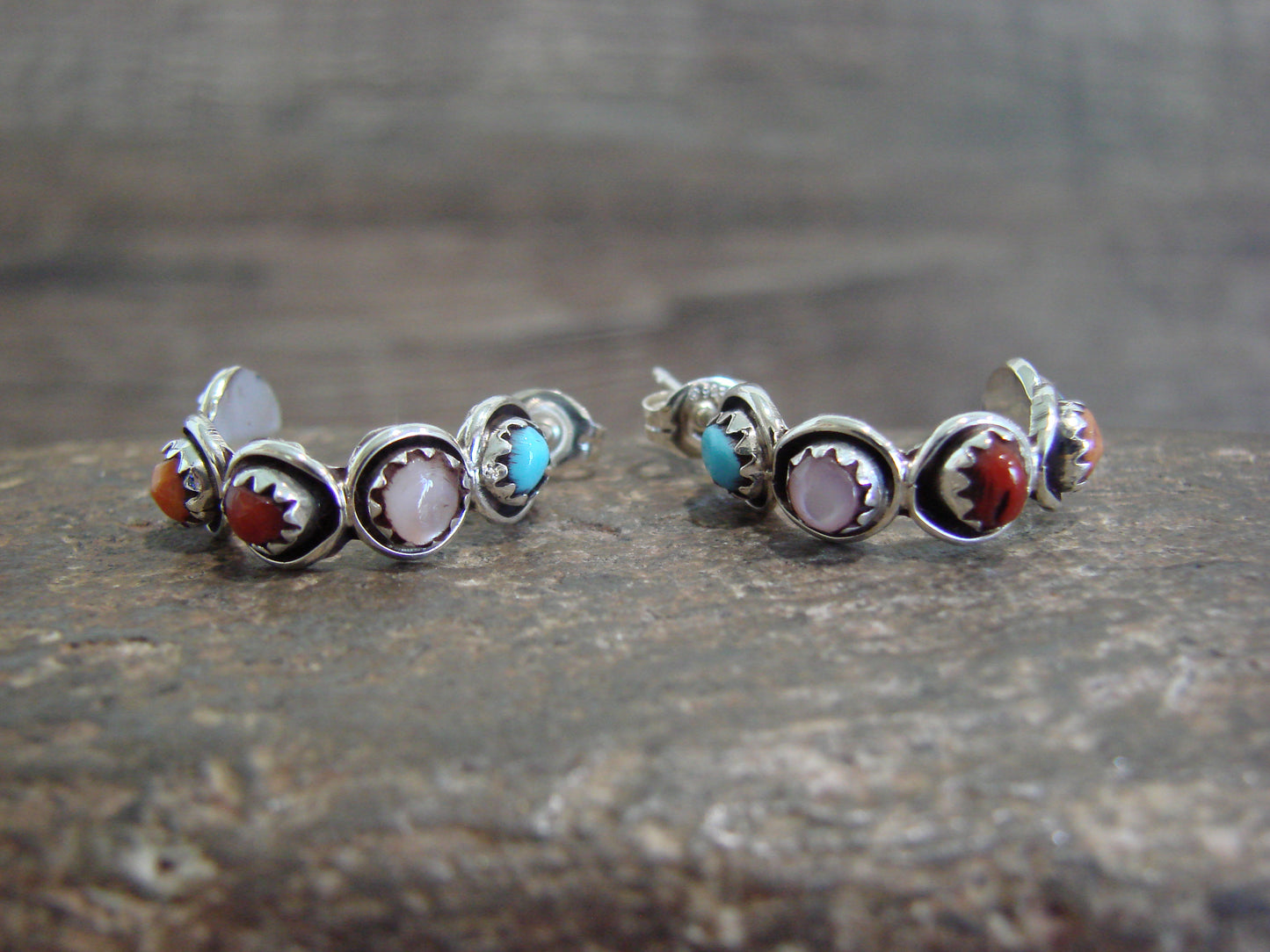Native American Sterling Silver Multi Stone Half Hoop Post Earrings by Lonasee
