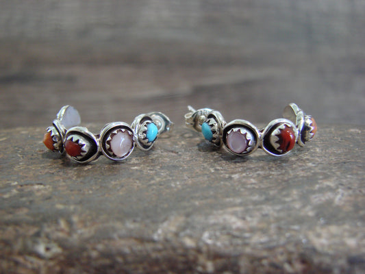 Native American Sterling Silver Multi Stone Half Hoop Post Earrings by Lonasee