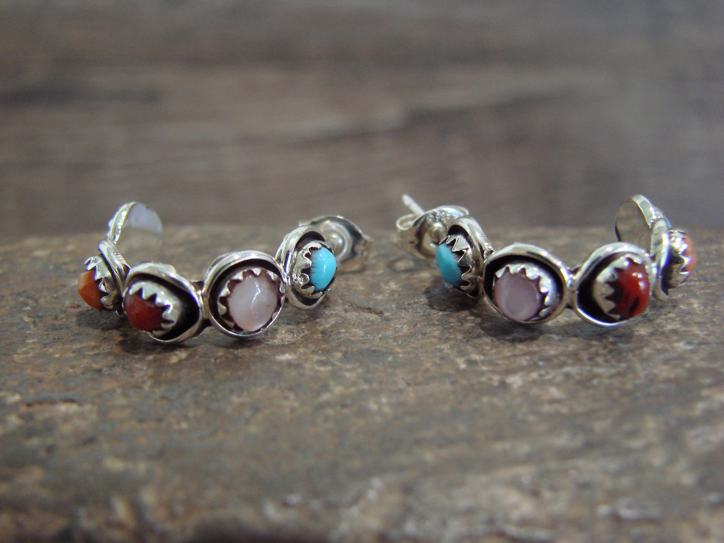 Native American Sterling Silver Multi Stone Half Hoop Post Earrings by Lonasee