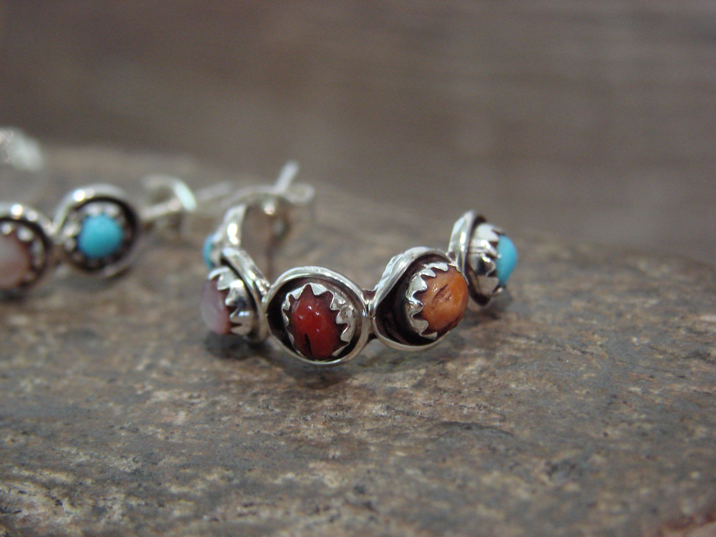 Native American Sterling Silver Multi Stone Half Hoop Post Earrings by Lonasee