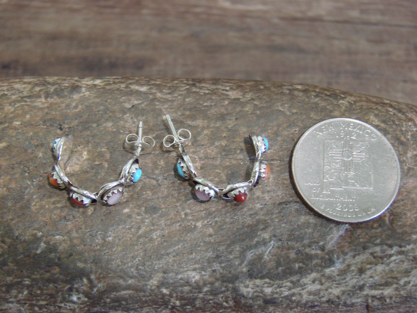 Native American Sterling Silver Multi Stone Half Hoop Post Earrings by Lonasee