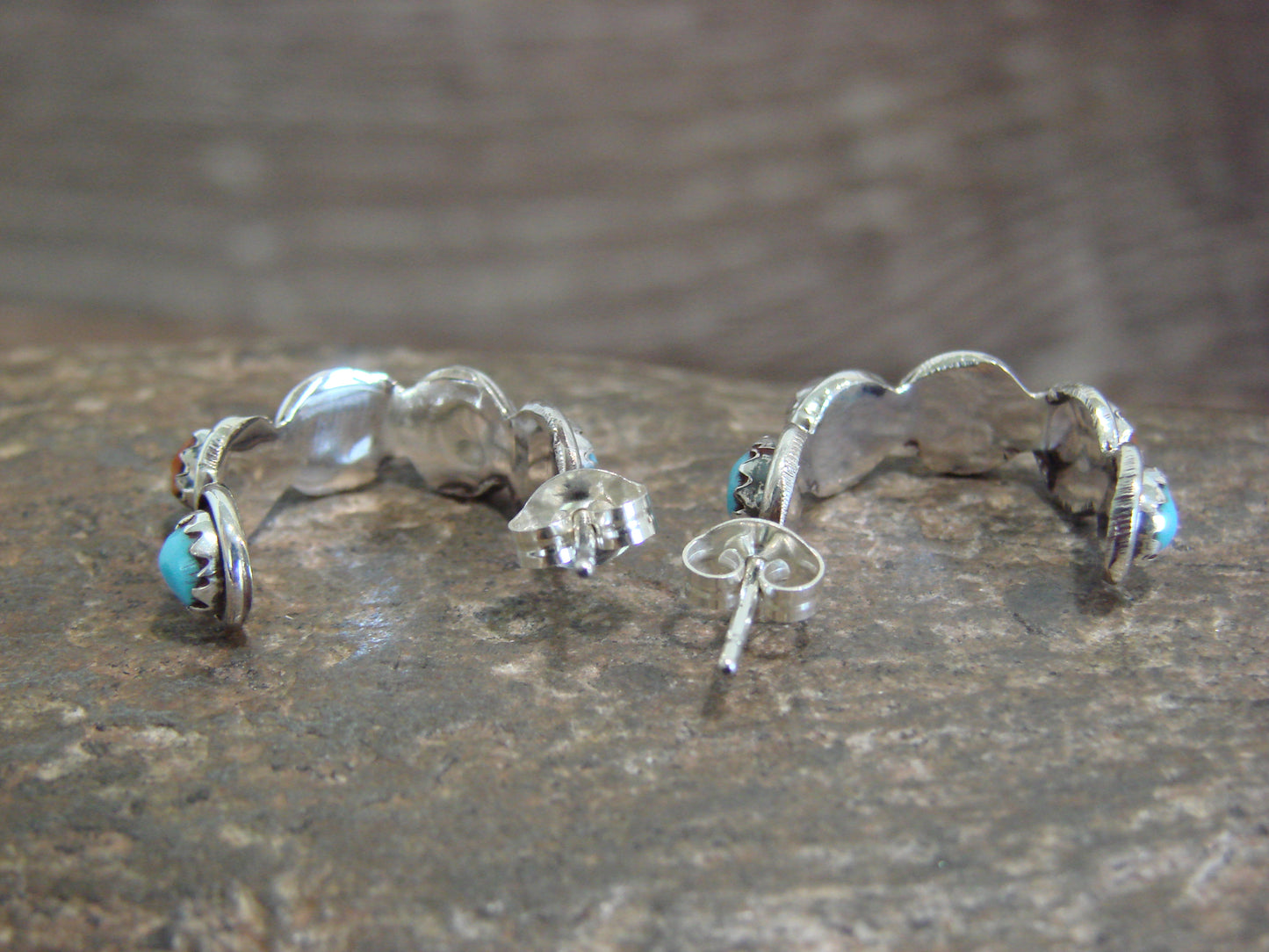 Native American Sterling Silver Multi Stone Half Hoop Post Earrings by Lonasee