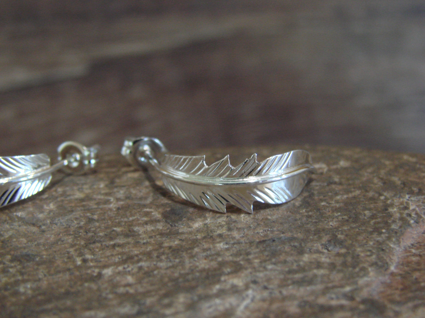 Native American Sterling Silver Feather Hoop Post Earrings Signed Barney