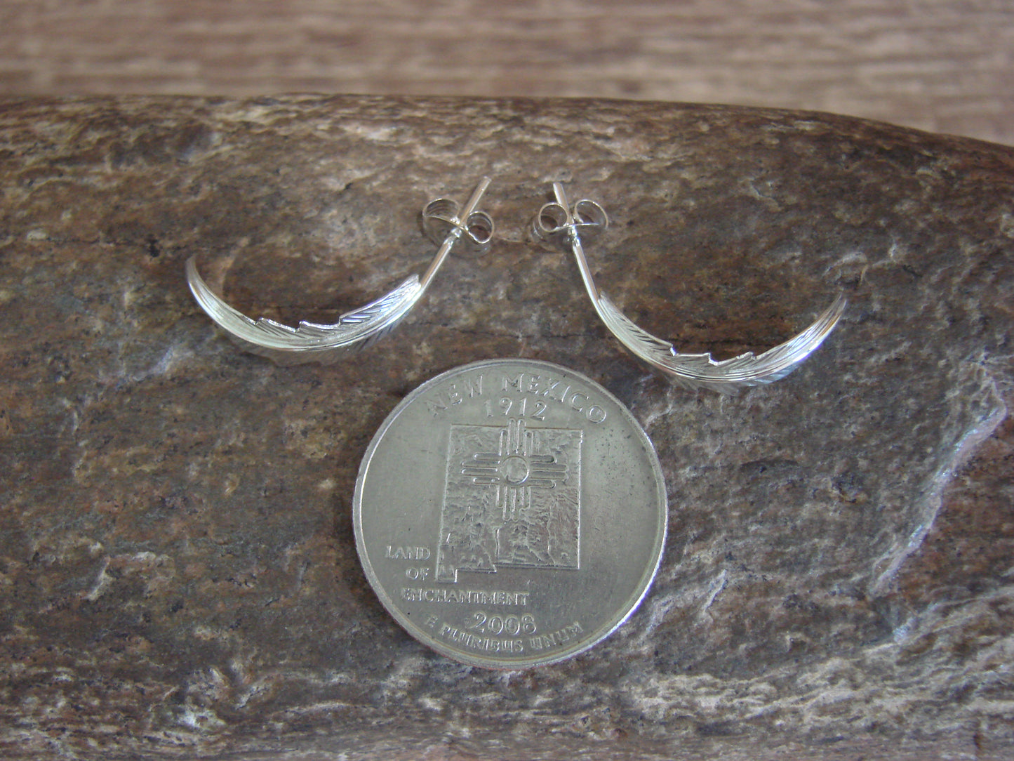 Native American Sterling Silver Feather Hoop Post Earrings Signed Barney