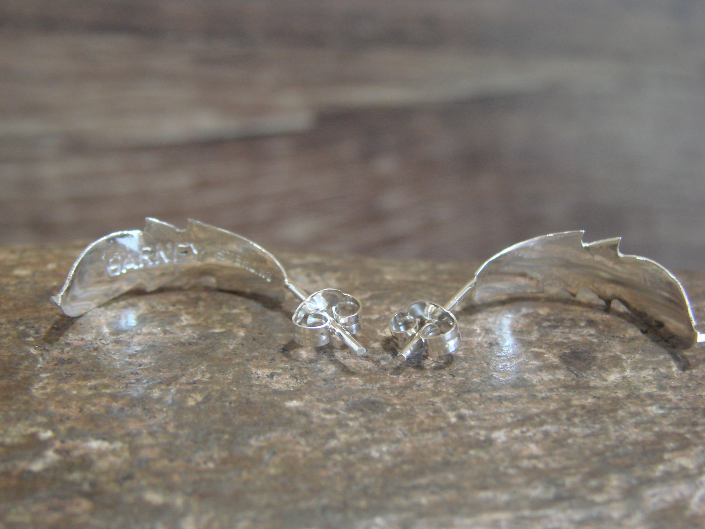 Native American Sterling Silver Feather Hoop Post Earrings Signed Barney