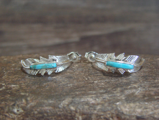 Native American Sterling Silver & Turquoise Feather Hoop Post Earrings - Barney