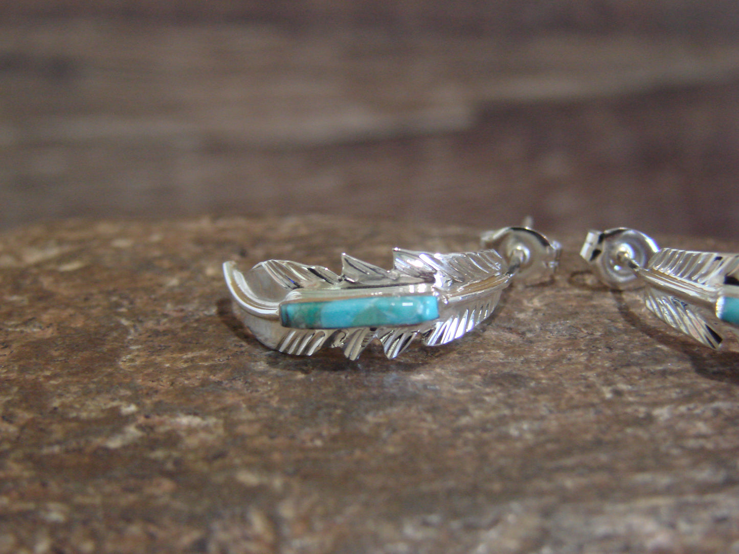 Native American Sterling Silver & Turquoise Feather Hoop Post Earrings - Barney