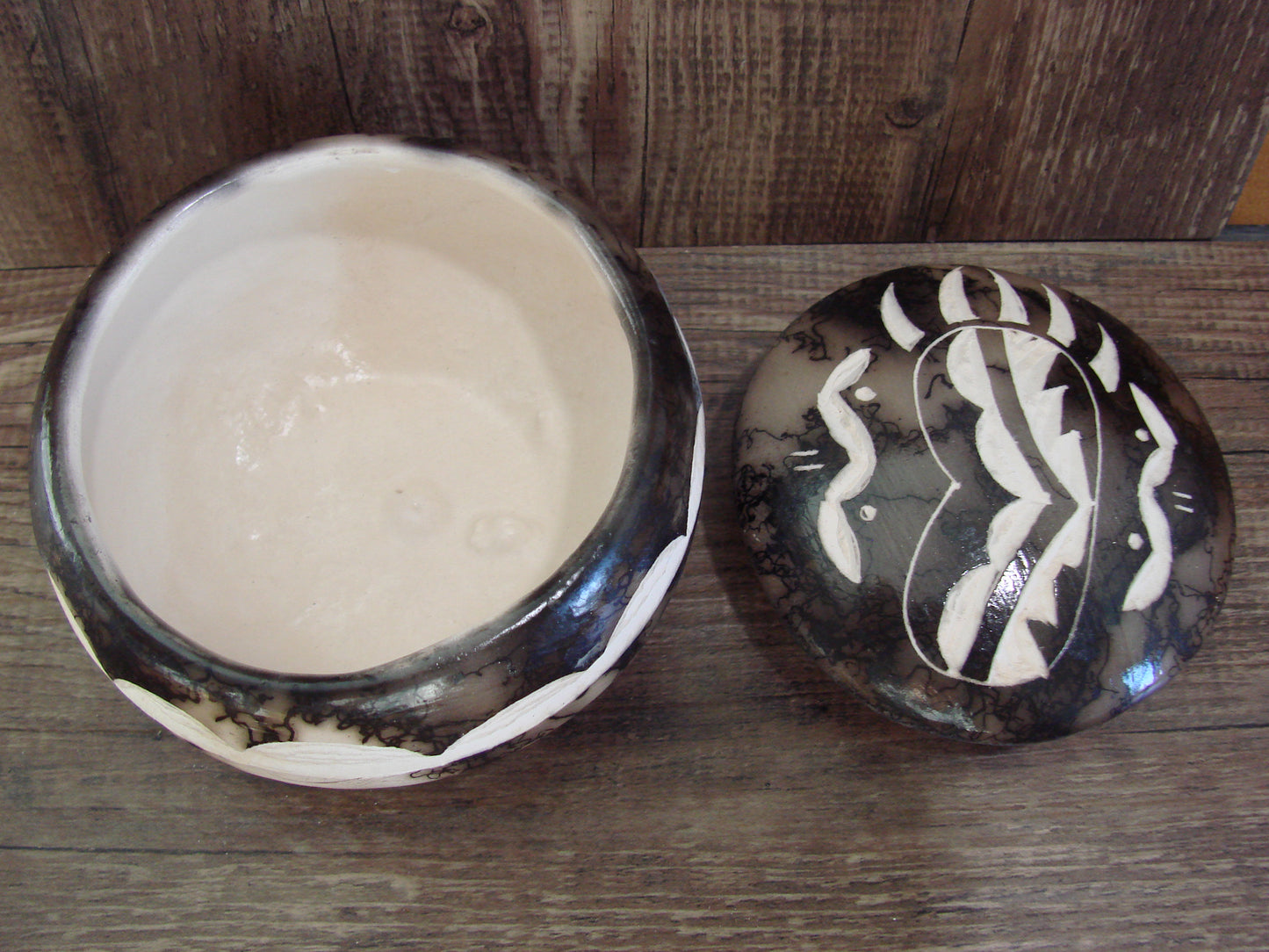 Native American Pottery Horse Hair Jewelry Trinket Box by Vail