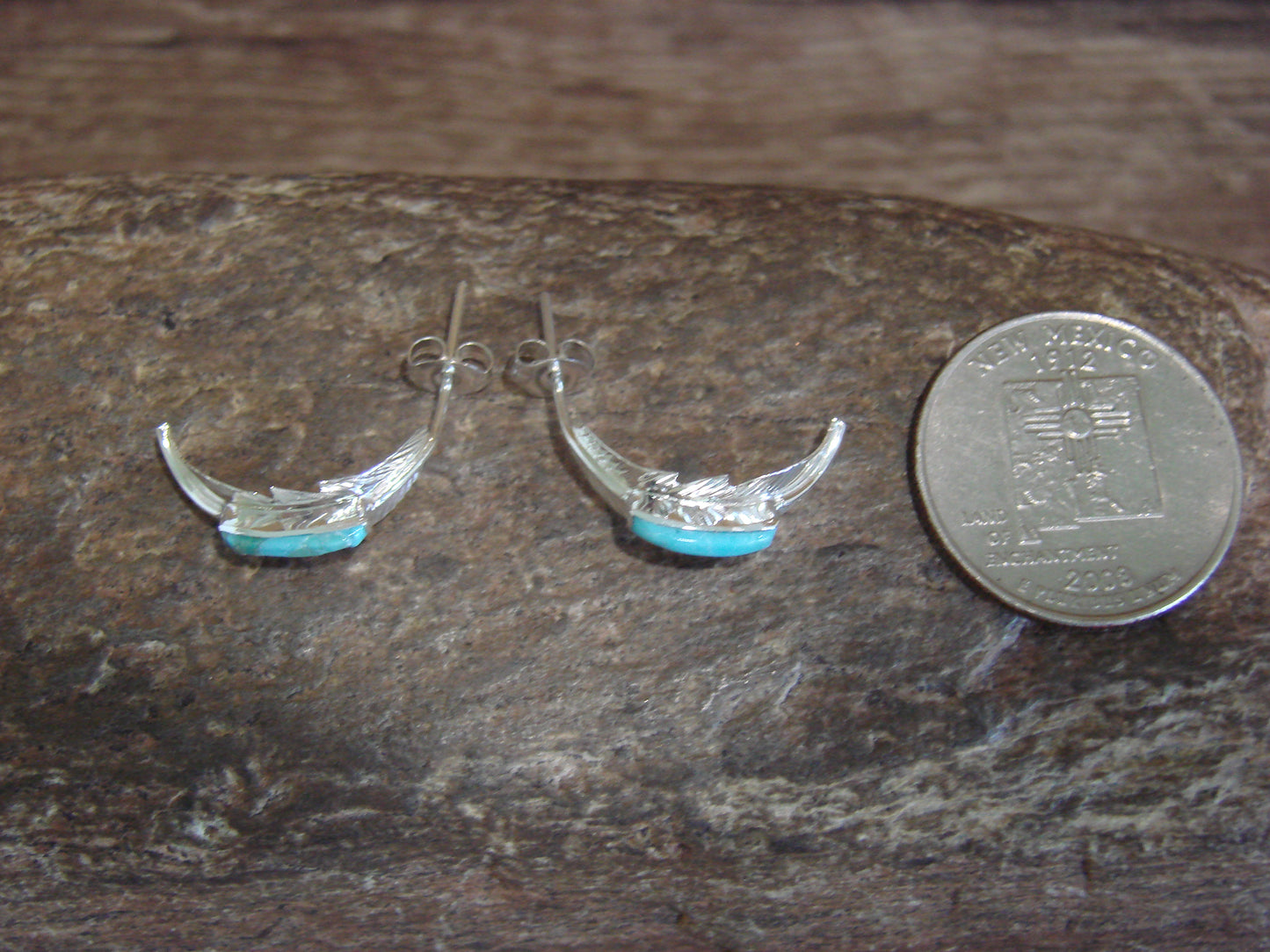 Native American Sterling Silver & Turquoise Feather Hoop Post Earrings - Barney